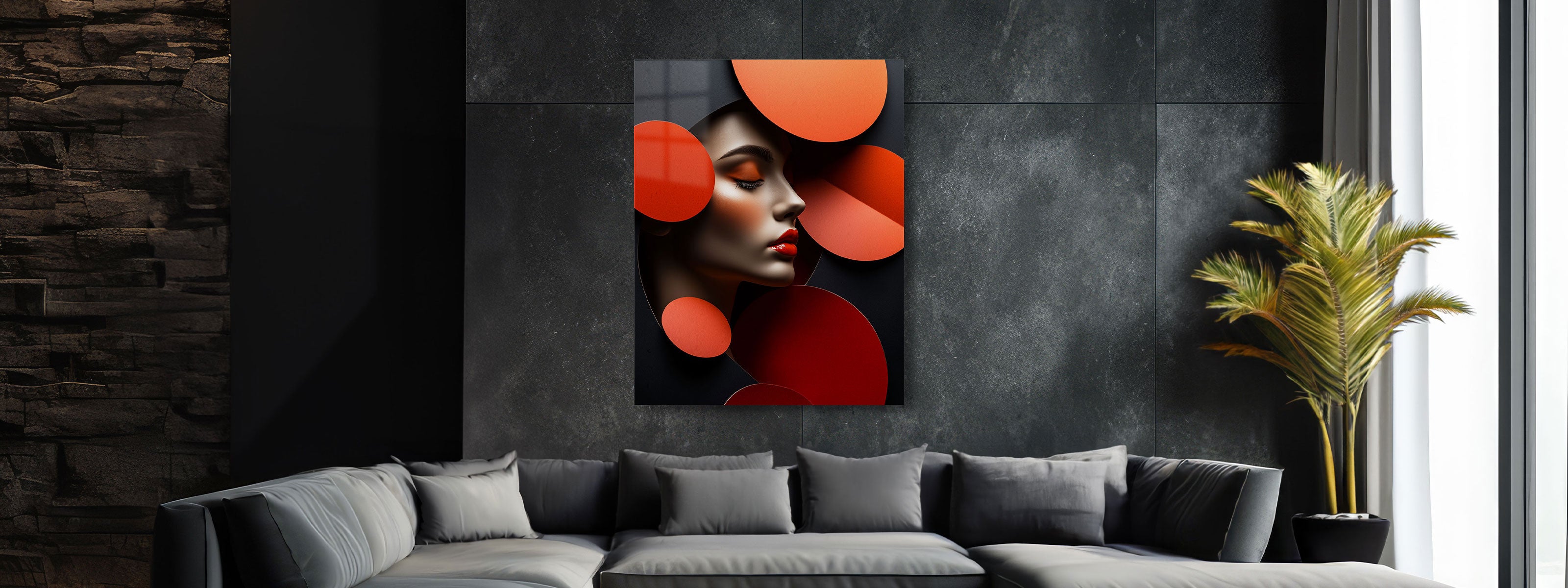 A surreal abstract portrait of a woman's face with vibrant red lips, surrounded by bold, orange circular shapes against a dark background. The composition uses geometric forms to create depth and elegance.