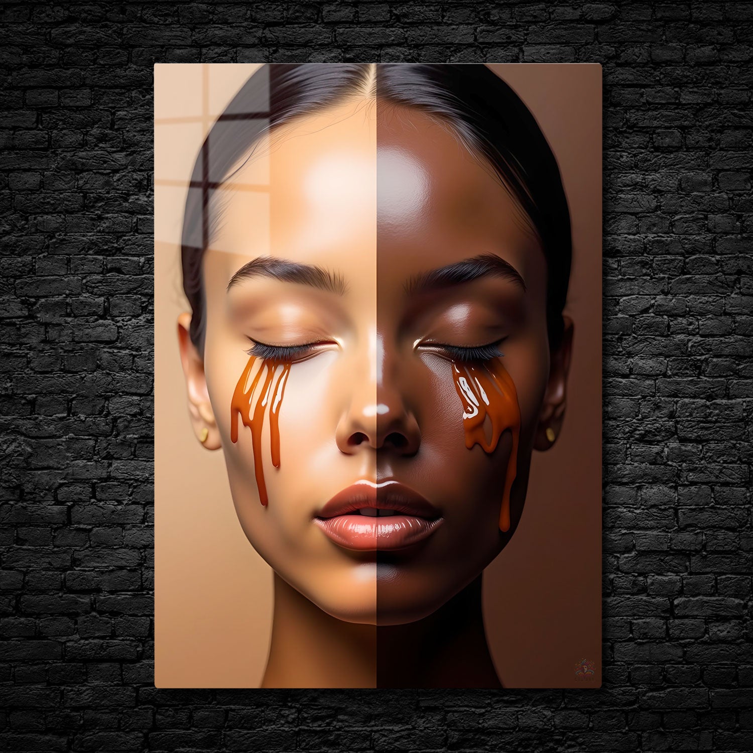 This striking artwork explores the beauty of contrast and identity. The face, split perfectly into two halves, represents the unity and diversity of skin tones, offering a powerful visual commentary on duality and self-expression.