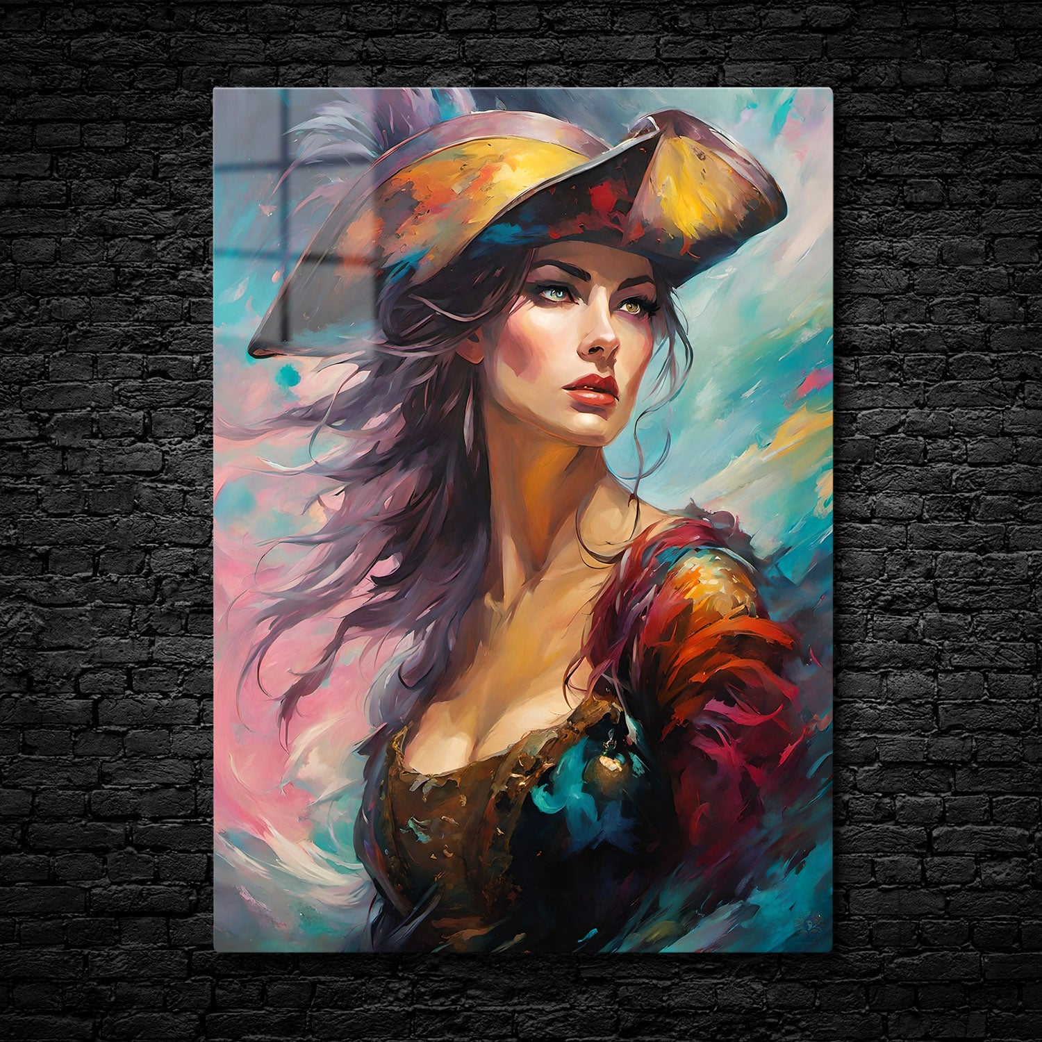 A fierce and commanding figure, this vibrant painting portrays a woman adorned in a weathered tricorn hat, gazing into the distance with confidence and resolve.