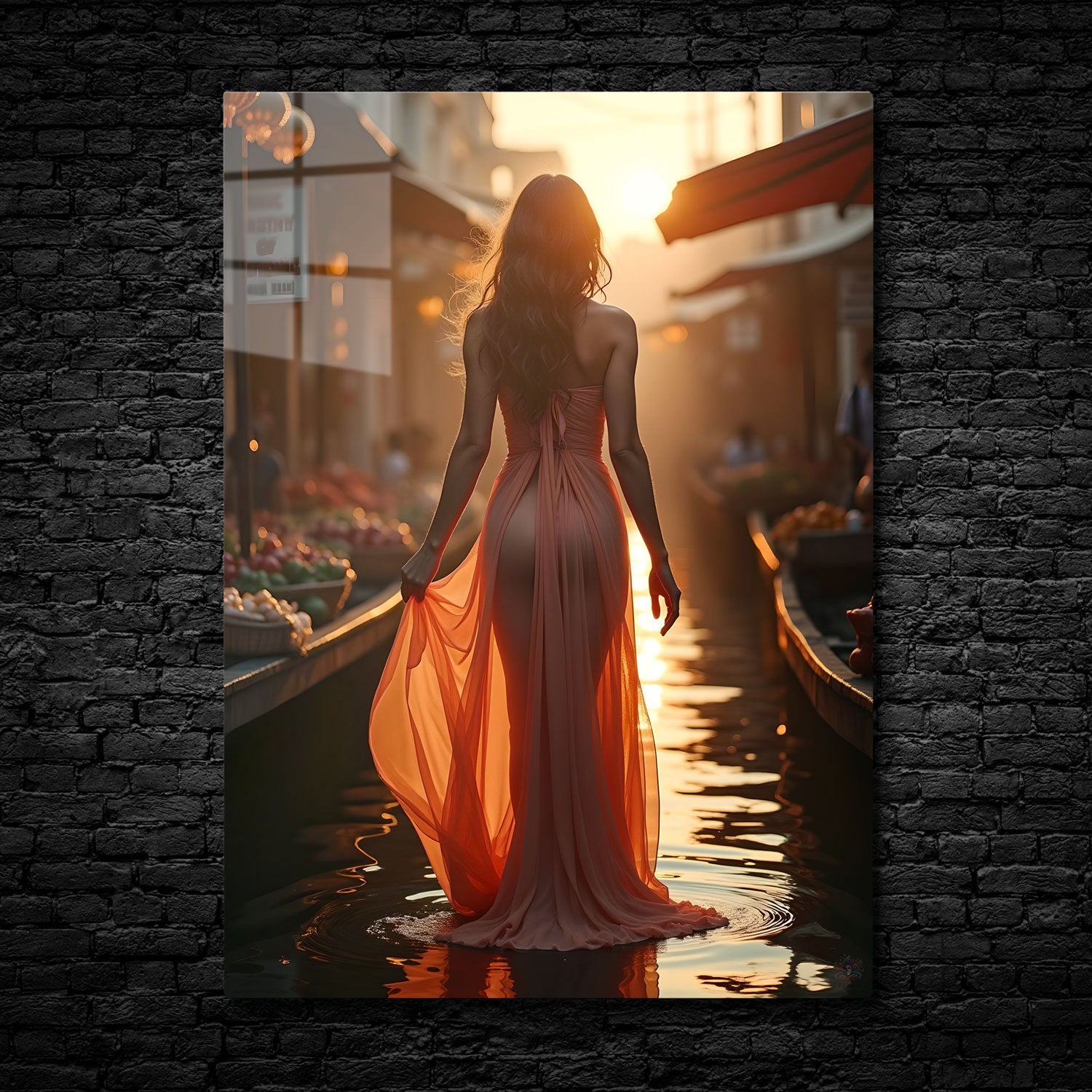 In "Golden Passage," the warm embrace of the setting sun casts an amber glow over a narrow, serene waterway, where a woman in a flowing, delicate gown walks gracefully through the shallow waters.