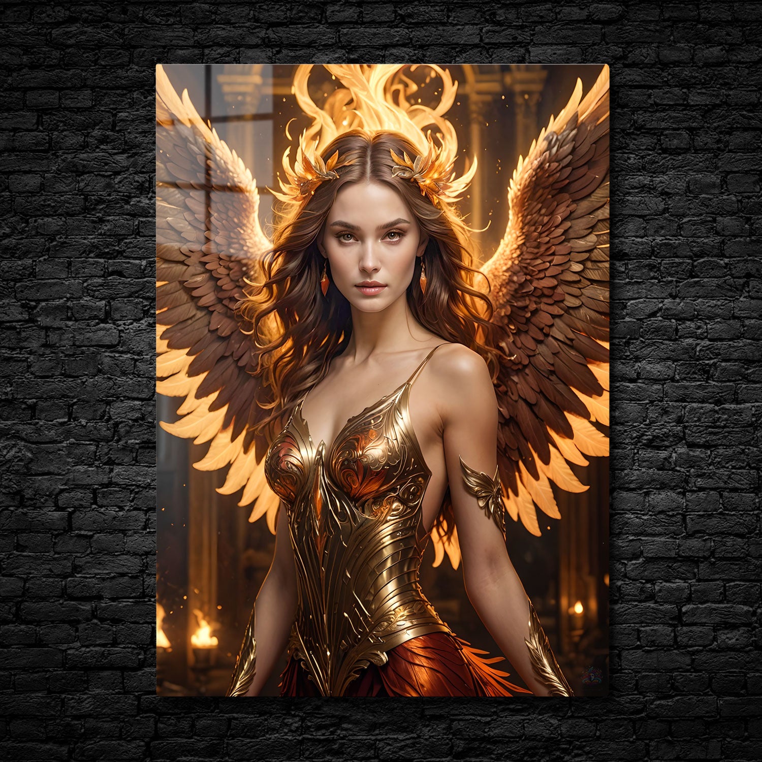 In "Flameborn Sovereign," a majestic figure stands bathed in the golden light of eternal flames, her wings aflame with the fire of rebirth.