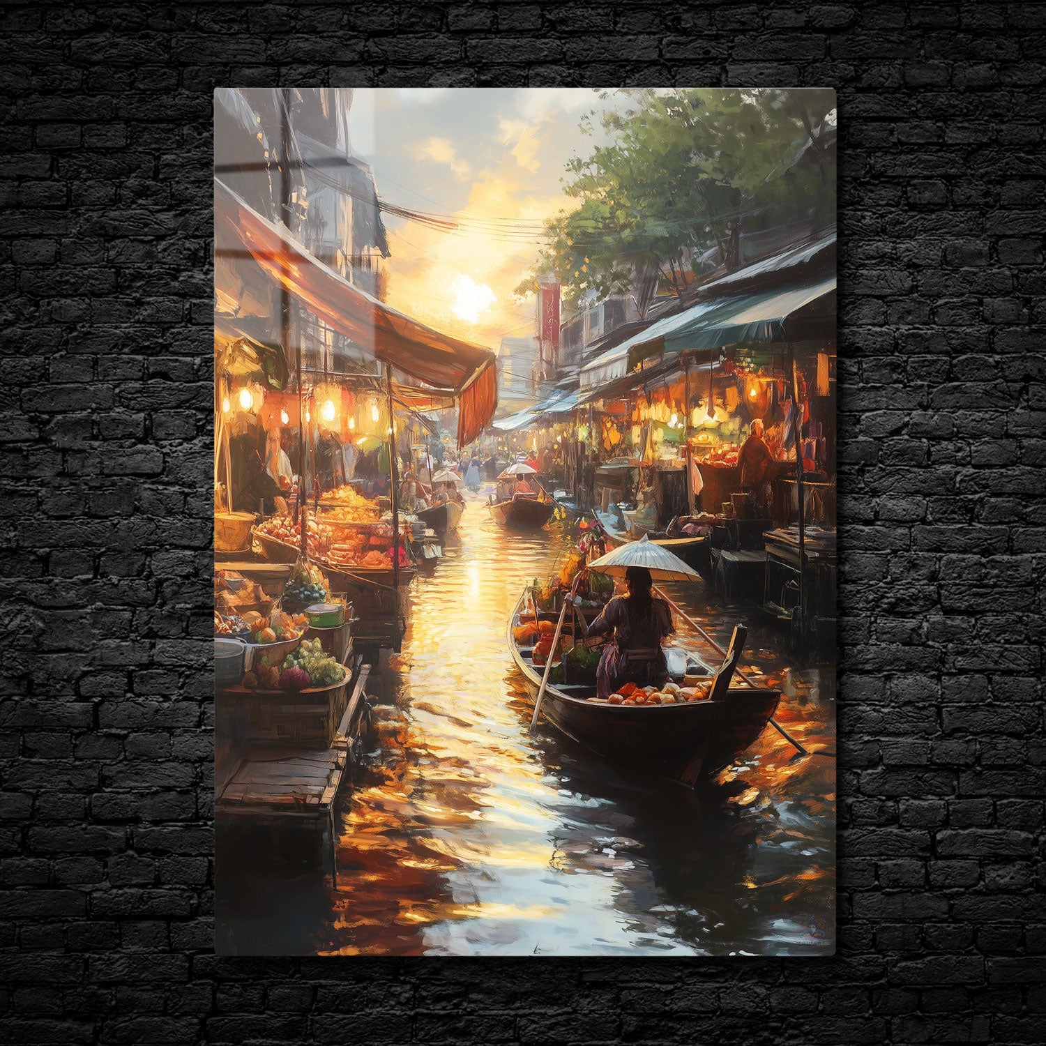 In "Sunset Reflections at the Market," the gentle glow of the setting sun transforms the bustling floating market into a scene of breathtaking beauty.