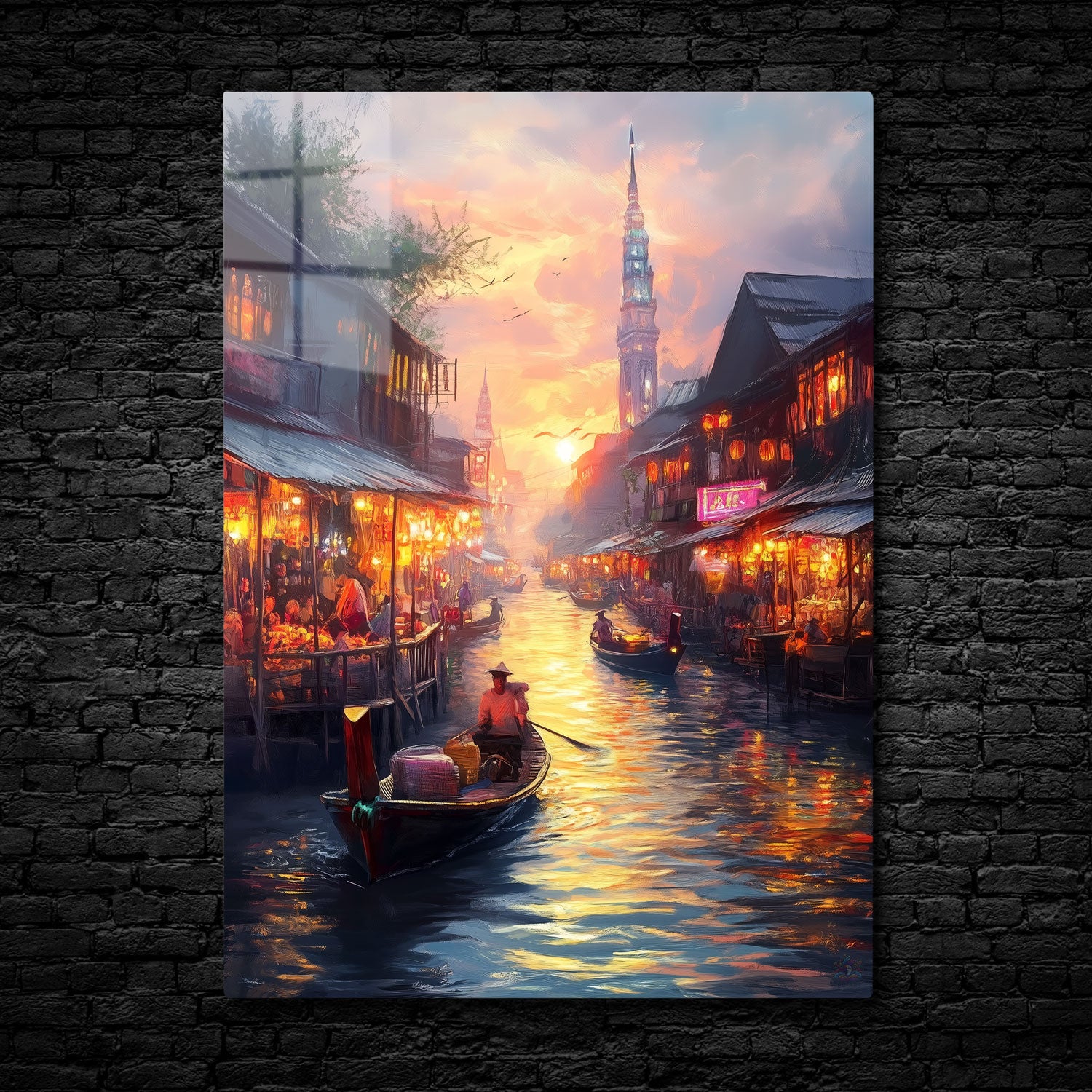 In "Sunset at the Floating Market," the vibrant hues of the setting sun ignite the sky and reflect upon the tranquil waters of a bustling floating market.