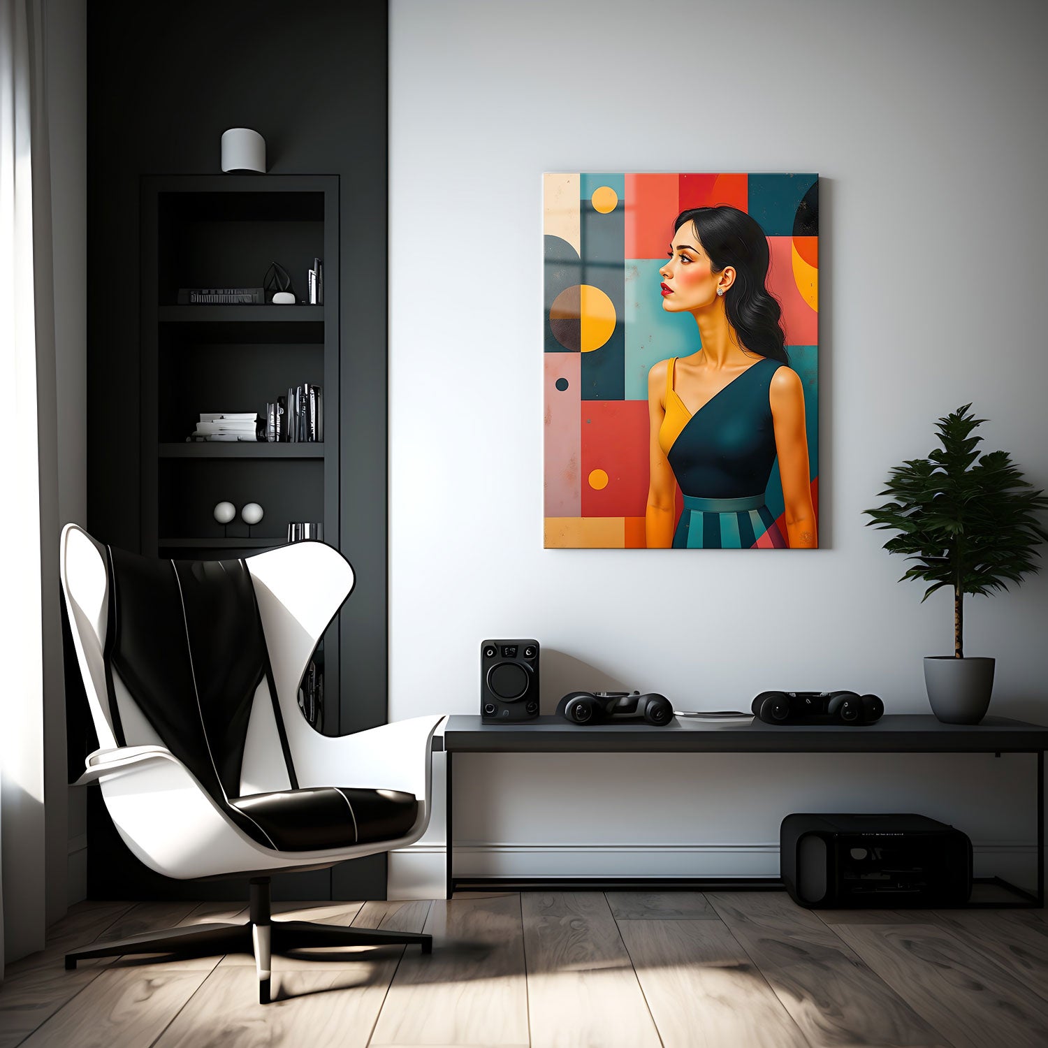  Her poised expression and sharp silhouette emphasize a timeless elegance, while the abstract background offers a dynamic contrast, symbolizing the blend of tradition and modernity.