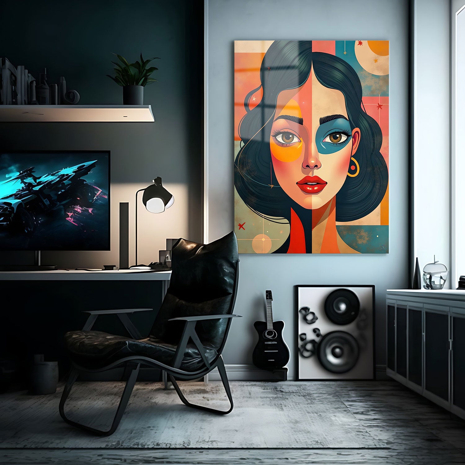 The woman's face is divided into two symmetrical halves, each side colored with bold hues—sunset orange and sky blue—symbolizing the balance between warmth and coolness, day and night, or opposing feelings.