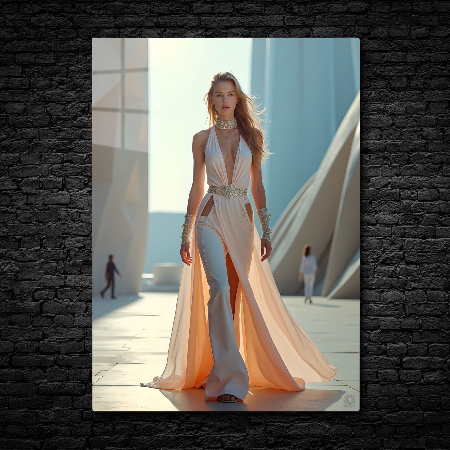 In Golden Hour Grace, elegance meets modern sophistication. The model is adorned in a flowing, ethereal gown that effortlessly captures the light of the setting sun, creating a warm, radiant glow.