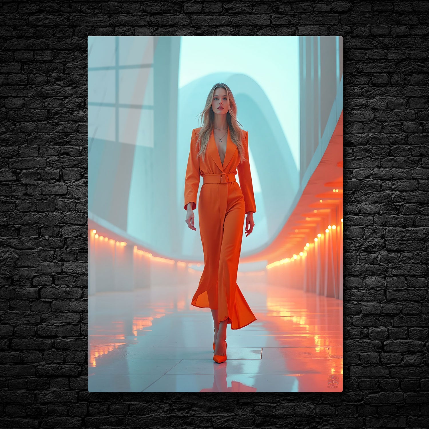 Futuristic Flame captures the essence of bold elegance with a sleek, form-fitting orange ensemble that commands attention.