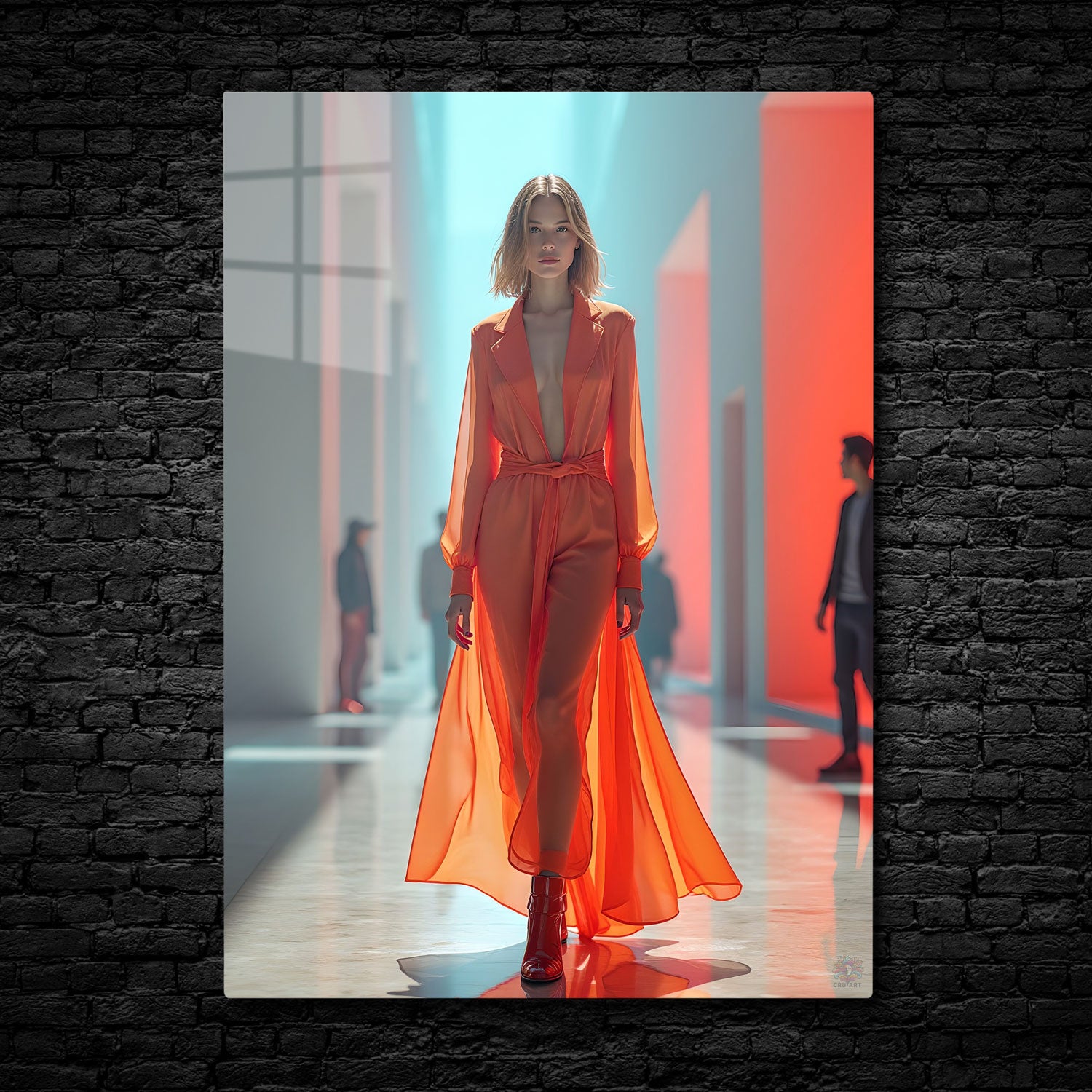 Solar Elegance radiates modern sophistication with a flowing orange gown, blending bold color with graceful design.