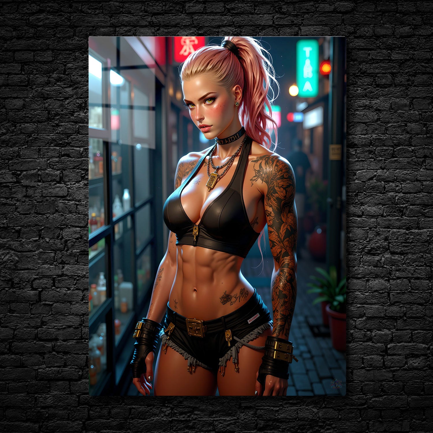 In Cyberpunk Vixen: Neon Guardian, the striking protagonist stands confidently in a futuristic, neon-lit alley.