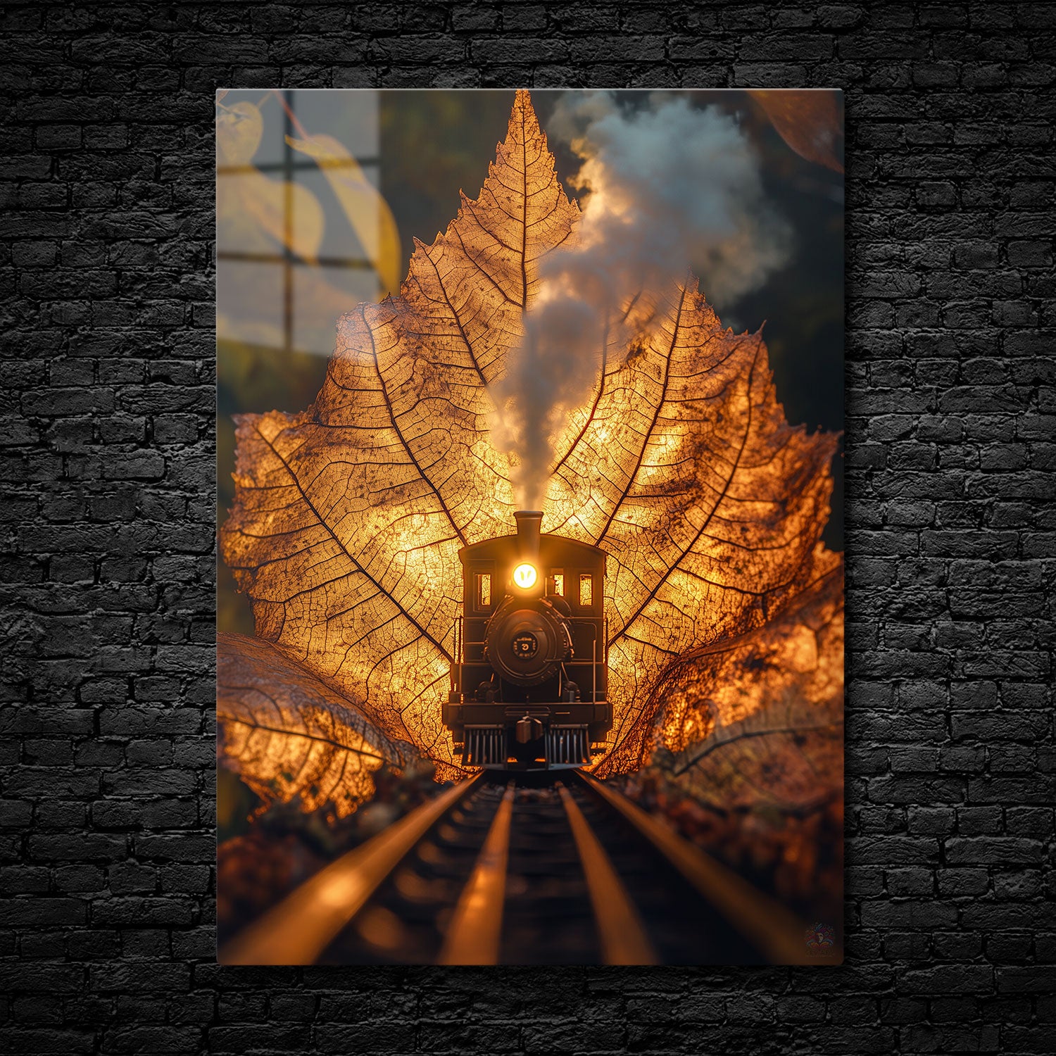 A whimsical journey unfolds as a vintage train emerges from the warm glow of an autumn leaf. The intricate veins of the golden-brown leaf light up like a sunset, framing the train as it travels on its miniature tracks.