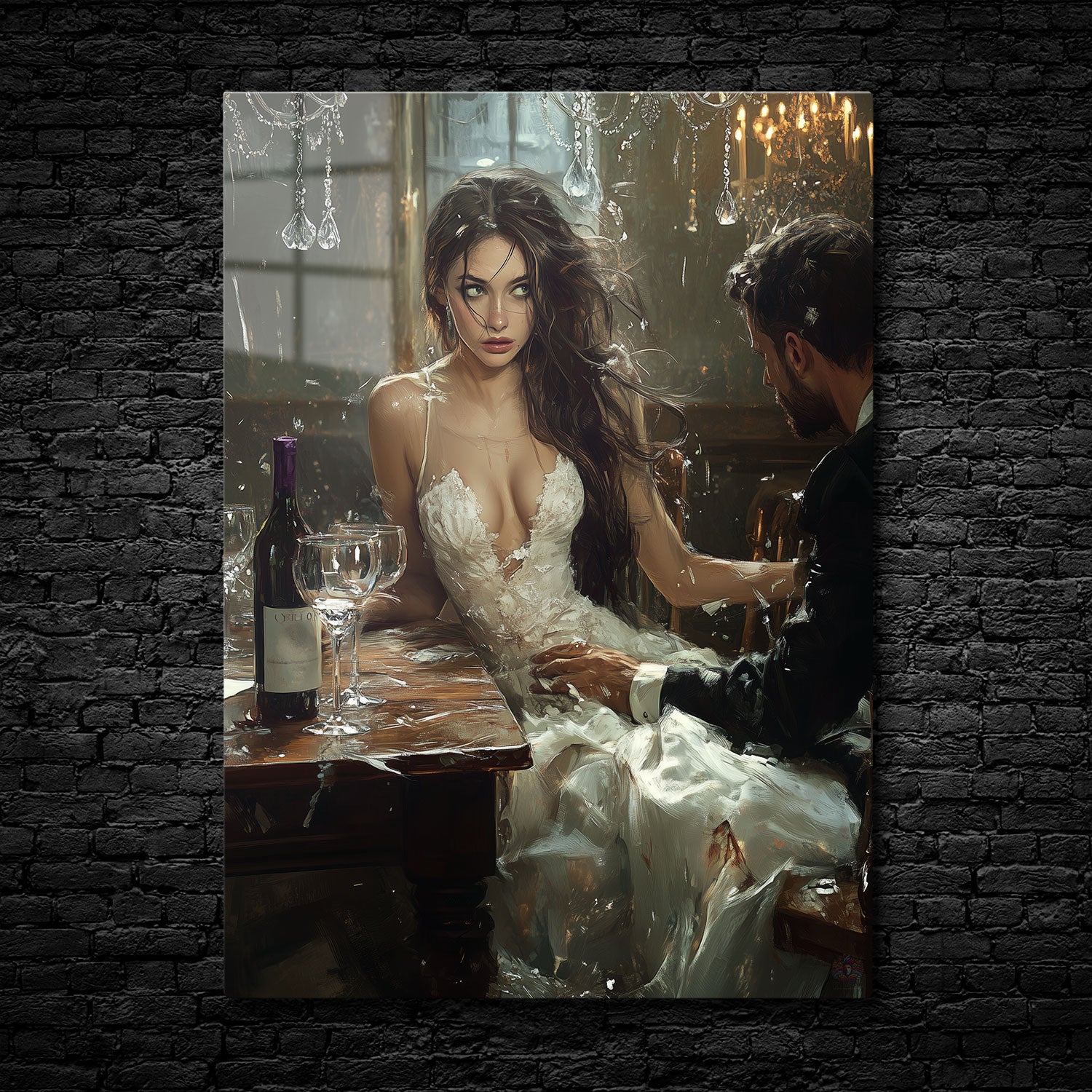 Amidst the soft glow of chandeliers, a woman in a torn and delicate gown sits at a grand table, her piercing eyes filled with a mix of vulnerability and defiance.