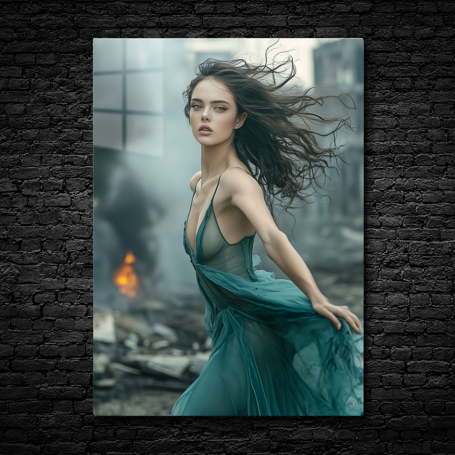 In the midst of chaos, a woman clad in a flowing, translucent teal dress stands defiant against the backdrop of smoke and destruction.