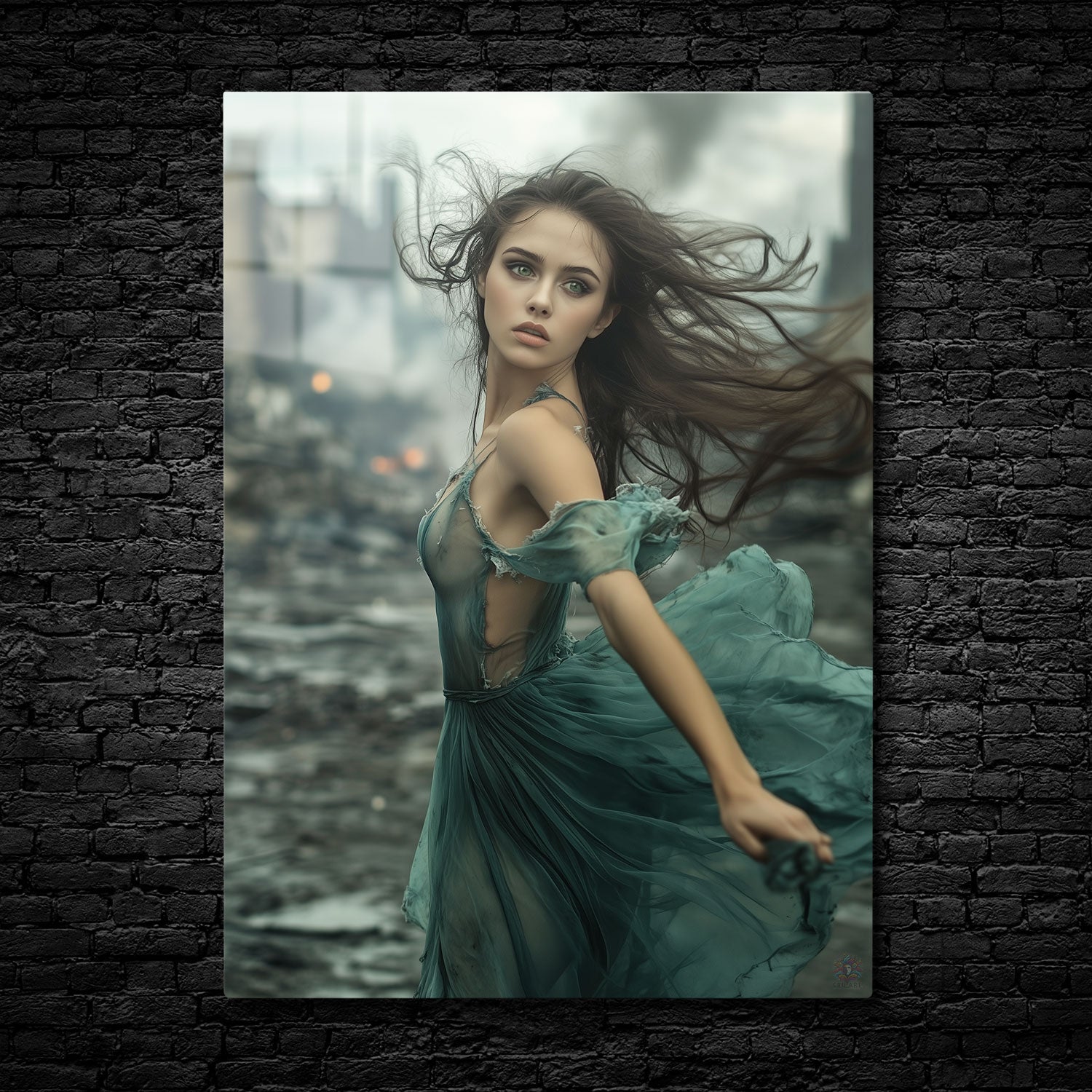 Amidst a desolate, smoky landscape, a young woman in a tattered, flowing emerald gown turns her gaze back as if caught between fleeing and confronting the chaos behind her.