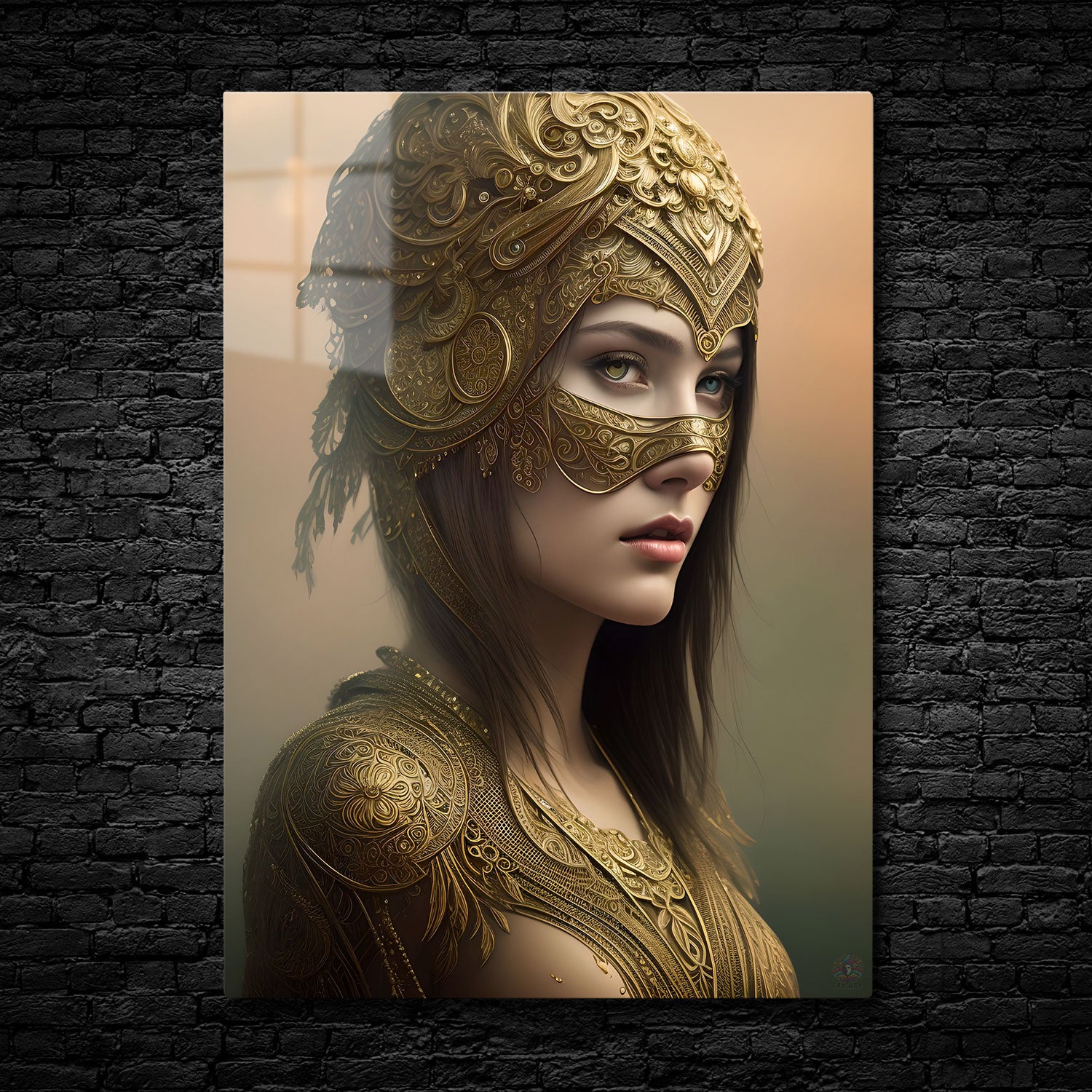 In this striking portrait, a mysterious warrior princess dons a meticulously crafted golden helmet and mask, which covers half of her face, adding an air of secrecy and intrigue.