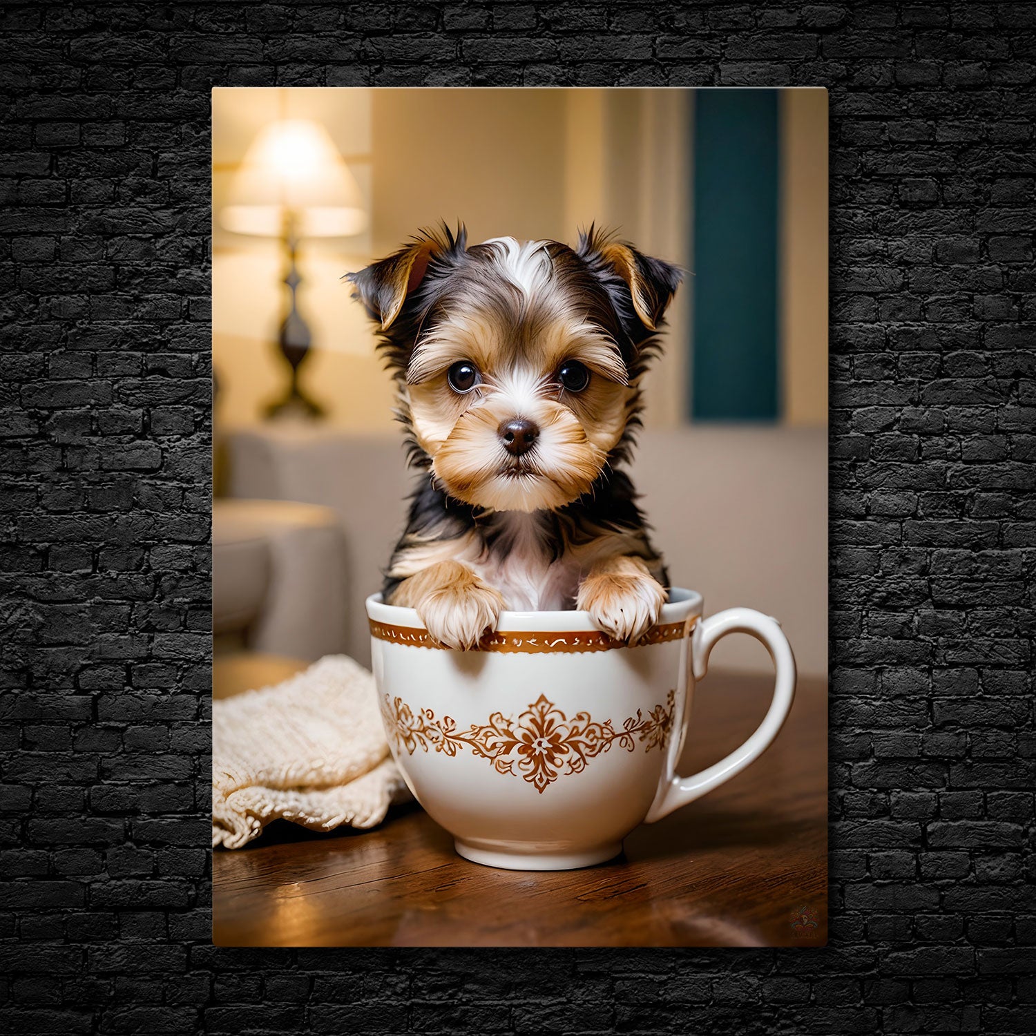 A tiny Yorkie puppy peeks out from the rim of an elegant teacup, its fluffy fur and wide, innocent eyes adding to the irresistible charm of the scene.