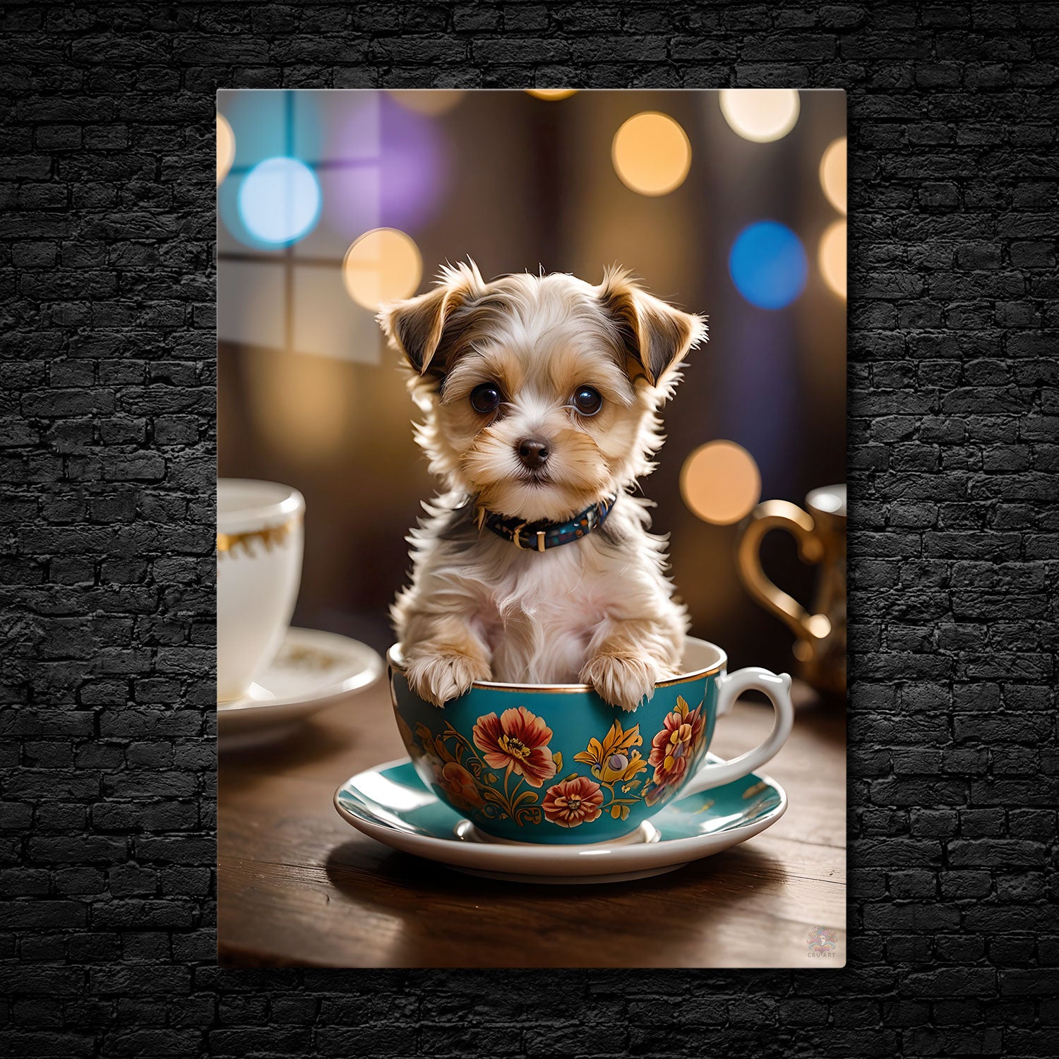 This delightful image features a tiny puppy perched inside a vibrant turquoise teacup adorned with colorful floral designs.