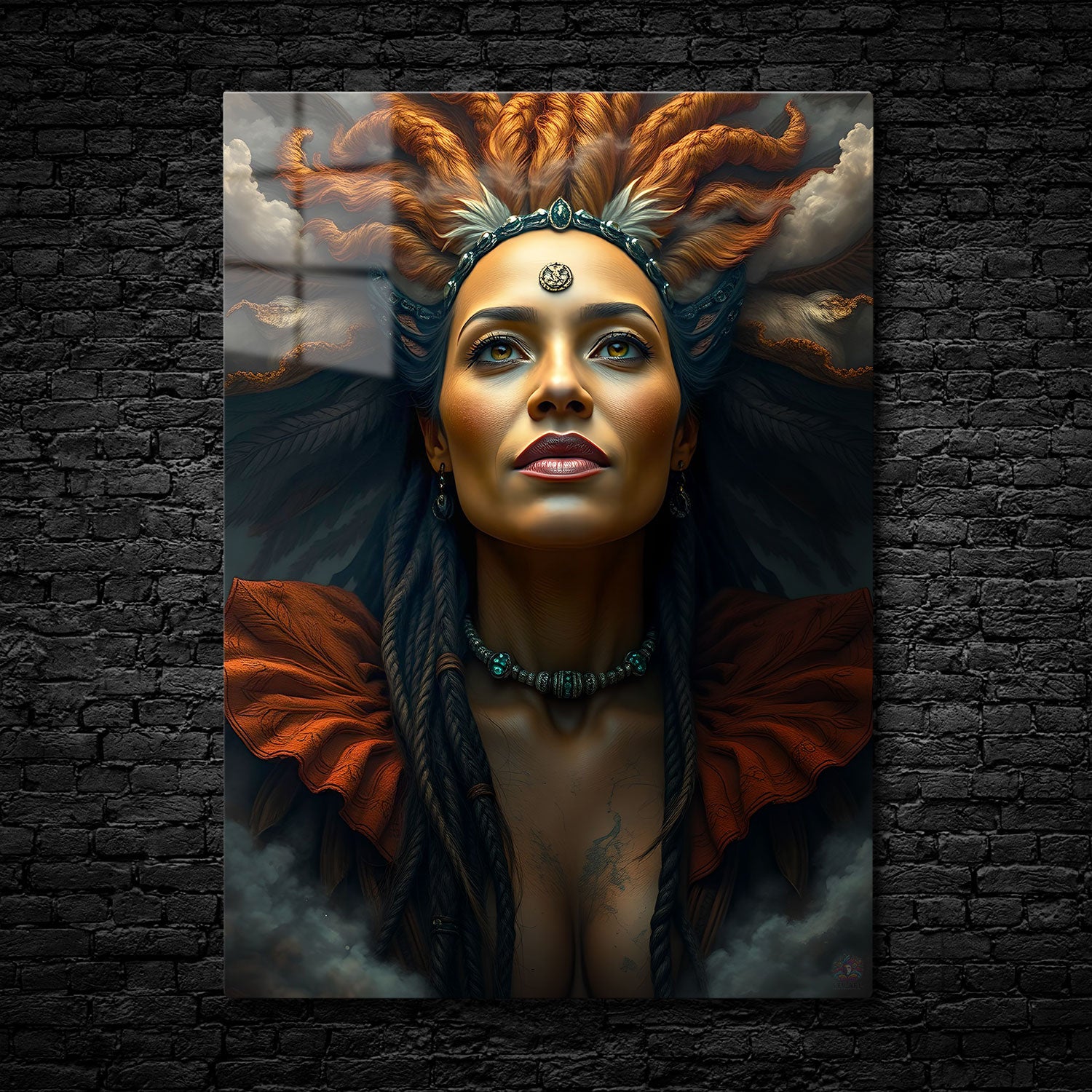 A powerful and regal woman gazes upward, her fiery hair extending outward like tendrils of flame, merging with storm clouds that swirl around her.