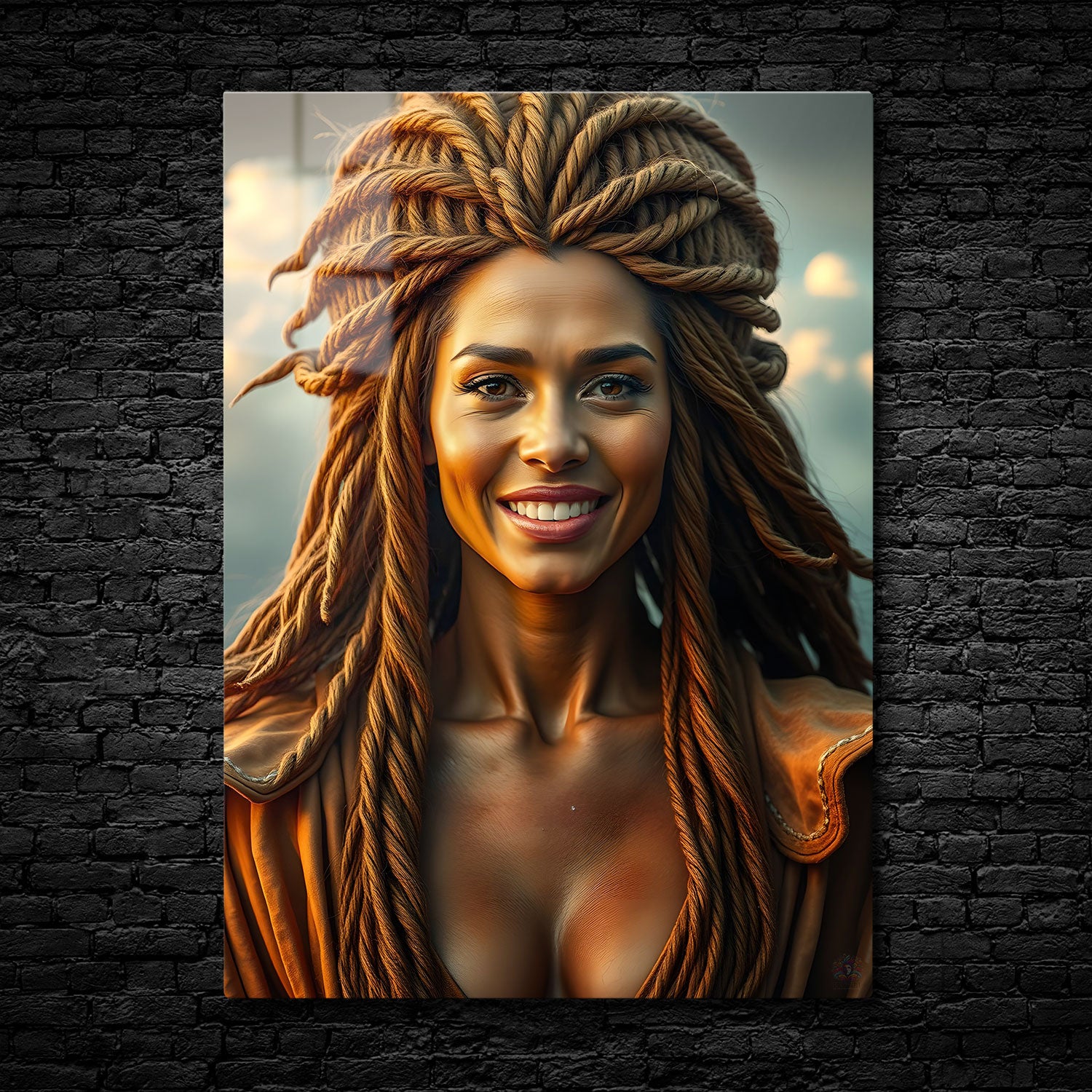 A vibrant and joyful woman stands illuminated by the golden light of the setting sun, her braided hair resembling rays of sunlight cascading around her face.