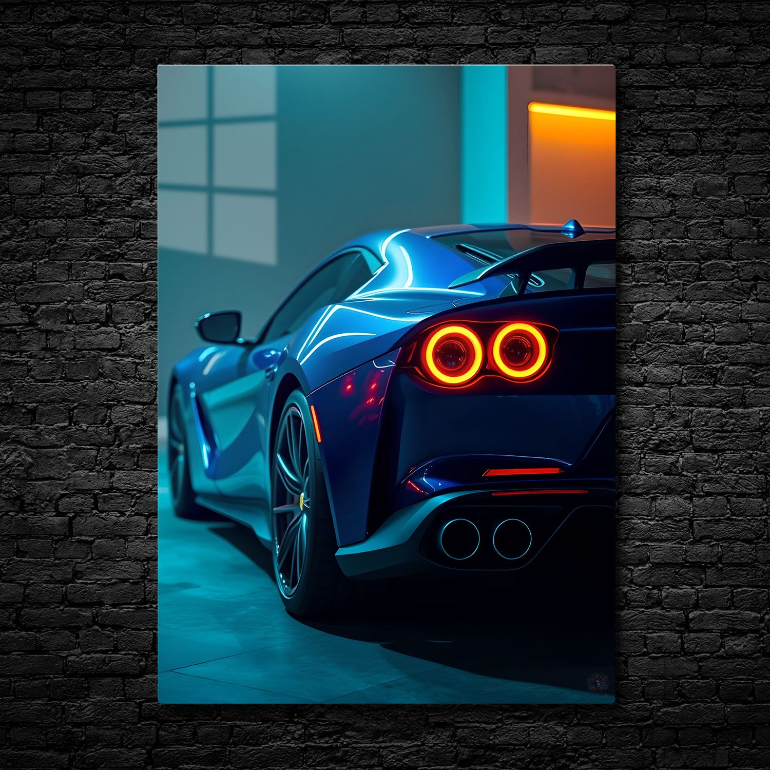 A sleek, high-performance sports car is bathed in the glow of neon lights, its electric blue body reflecting the vibrant colors of its surroundings.