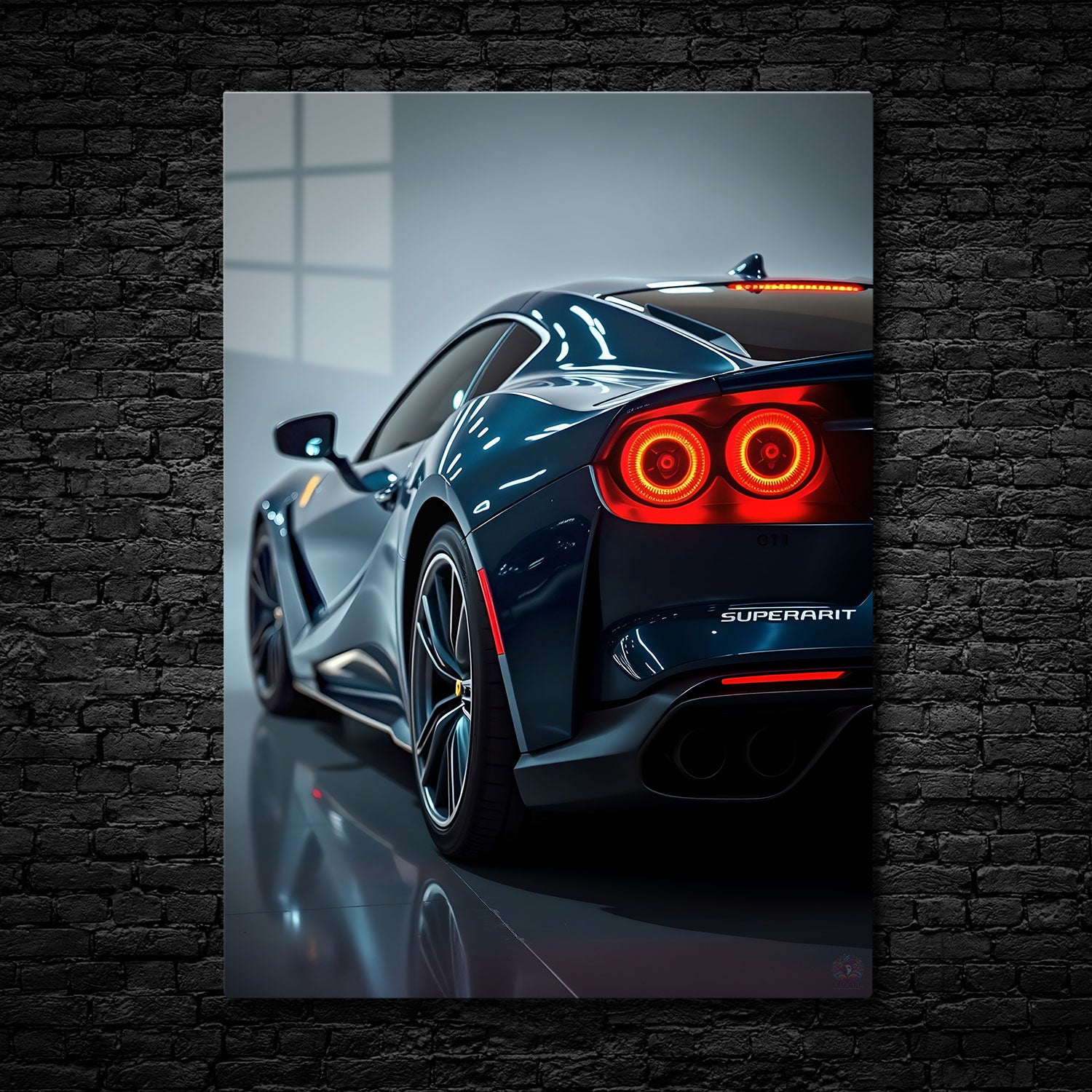 This striking image captures the rear view of a stunning midnight-blue supercar, its sleek body reflecting the cool lights of its environment. The twin glowing red taillights radiate with intensity, hinting at the car’s readiness to unleash its immense power. 