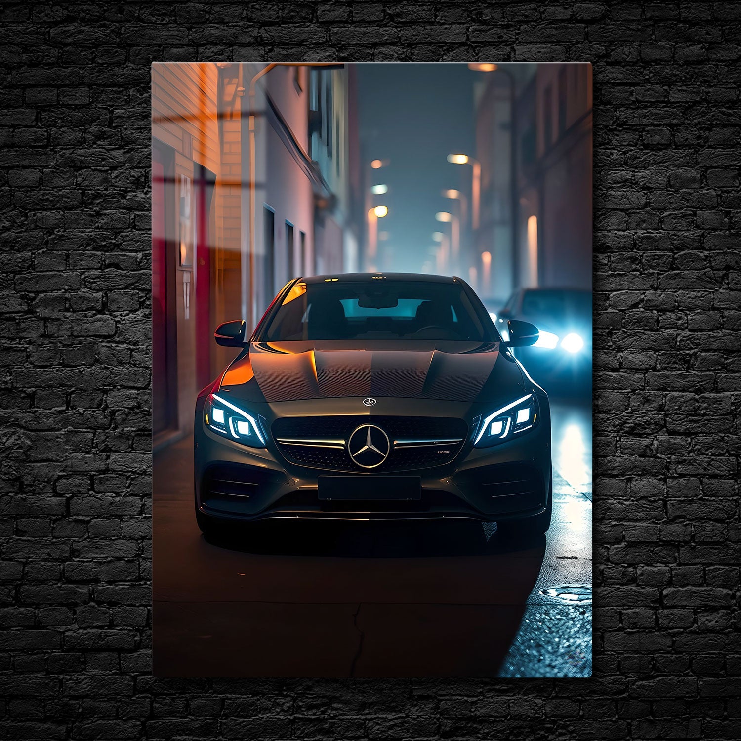 Bathed in the moody glow of streetlights, this luxury sedan prowls through the narrow, shadowy streets of the city, its striking LED headlights piercing through the urban night. The sleek, black body of the car reflects the warm hues of the surrounding lights, while the iconic emblem on the grille stands as a symbol of refinement and power. The alleyway is softly illuminated, adding a sense of mystery and allure as the car moves forward with poised confidence. "Nocturnal Grace" captures the elegance and sop