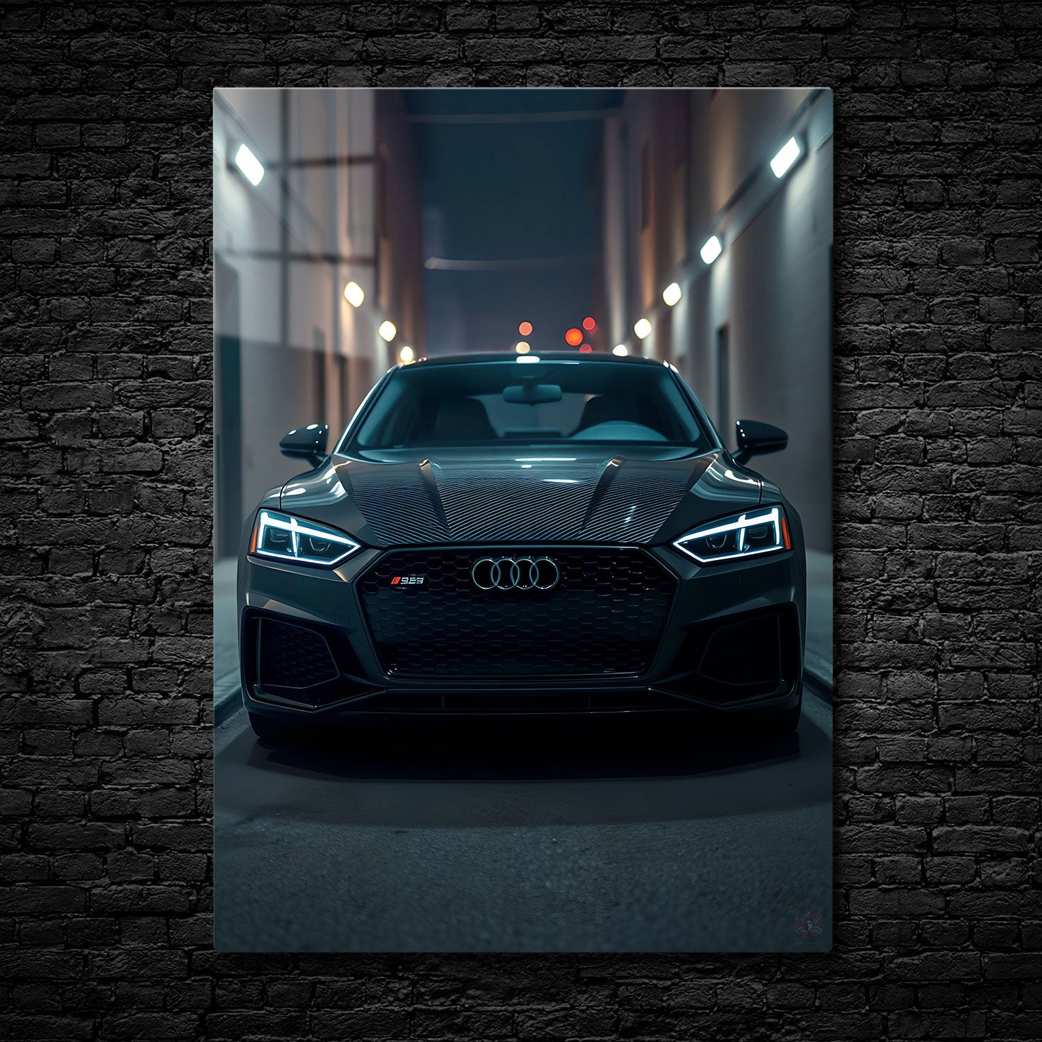 This powerful front view of a sleek Audi RS3 prowls the narrow streets of the city at night, its sharp LED headlights cutting through the shadows with precision. The car's muscular stance, highlighted by its black honeycomb grille and aggressive hood lines, radiates confidence and performance. The subtle reflections from the surrounding lights accentuate the sharp, angular design, creating a sense of stealth and power. "Urban Predator" captures the essence of a luxury sports car designed to dominate both th