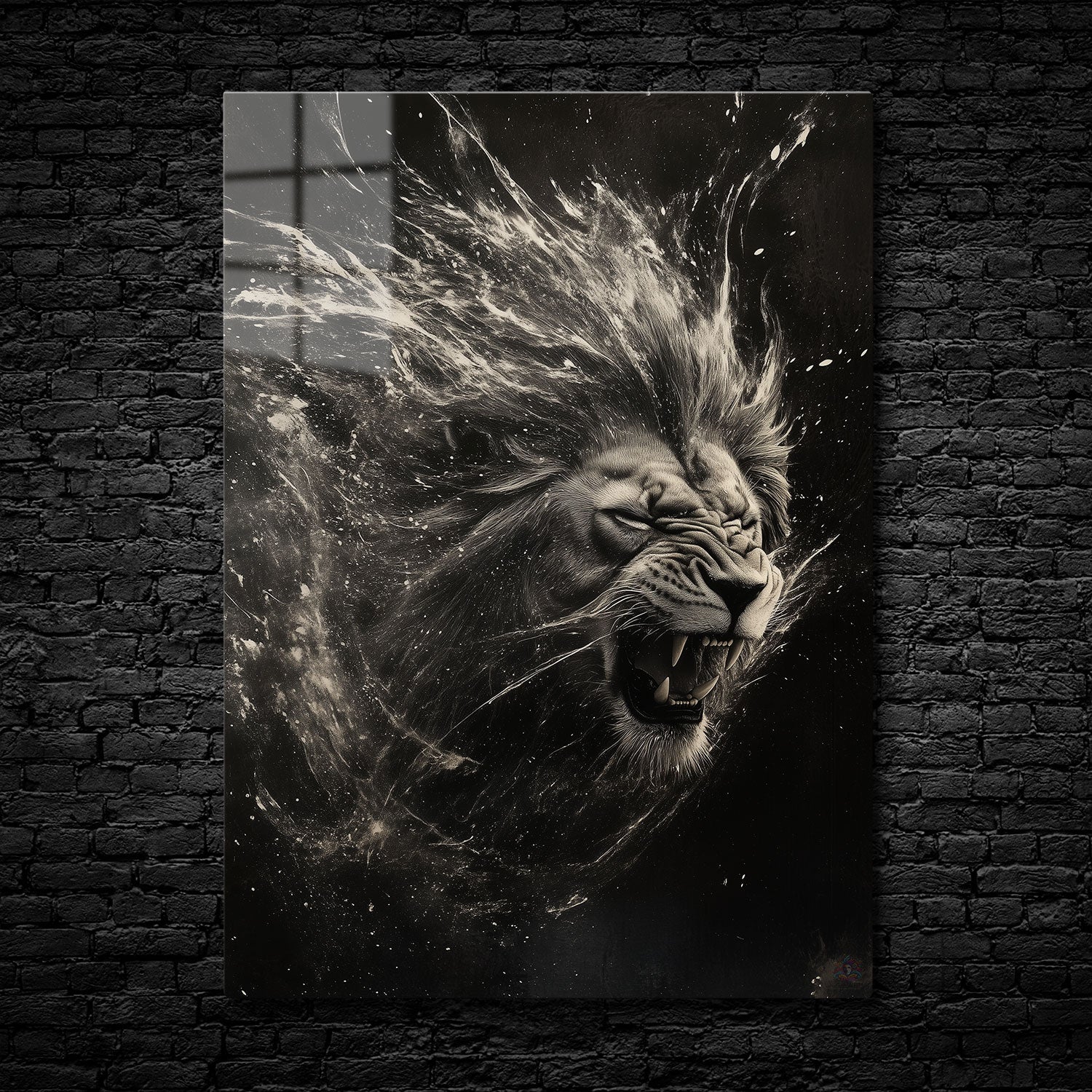 This dramatic artwork portrays a powerful lion mid-roar, as its mane seems to merge with the chaotic forces of the universe.