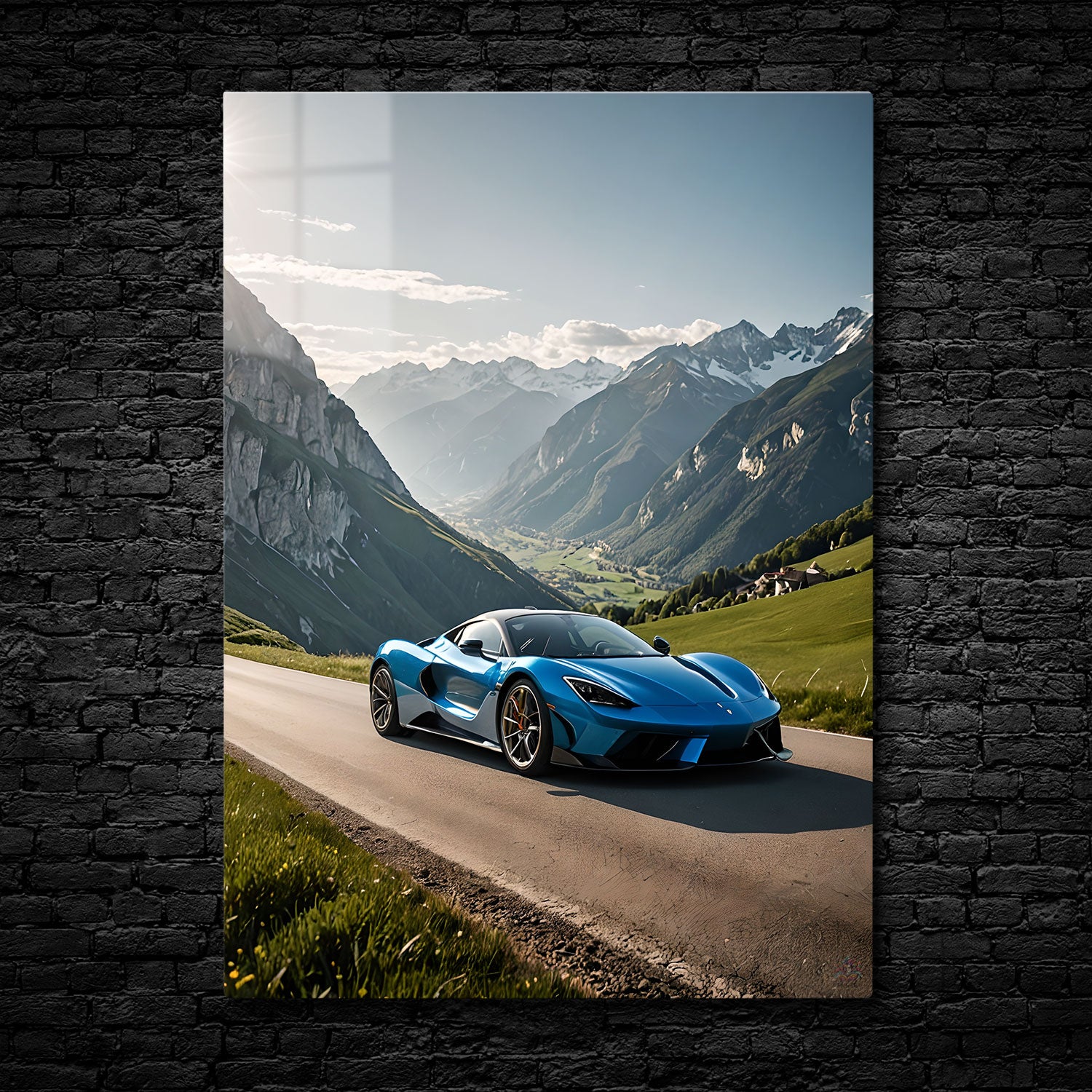 A blue supercar driving on a mountain road with snow-capped peaks and green valleys in the background.