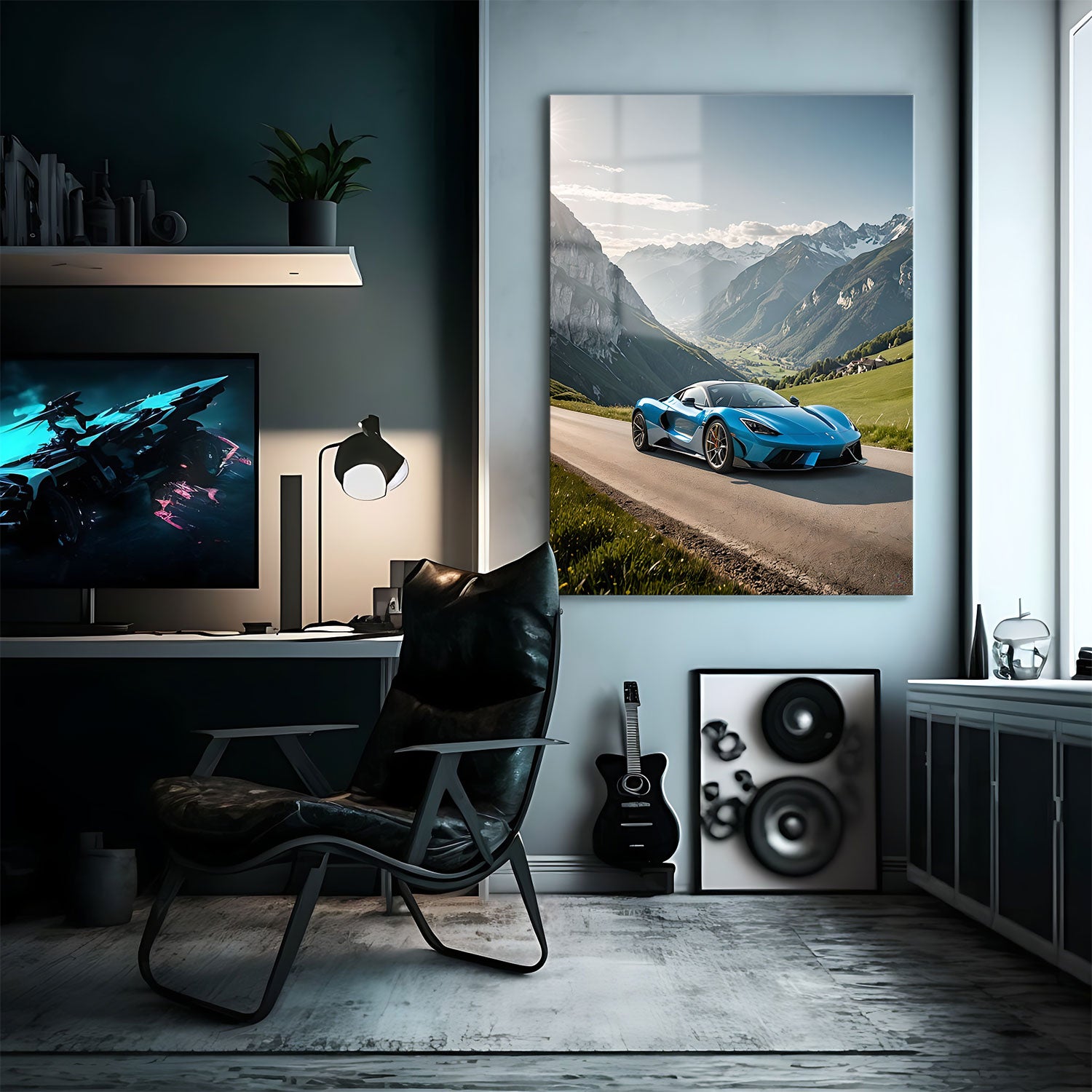 A sleek blue supercar in motion on a road surrounded by towering mountains and lush meadows under a clear sky.