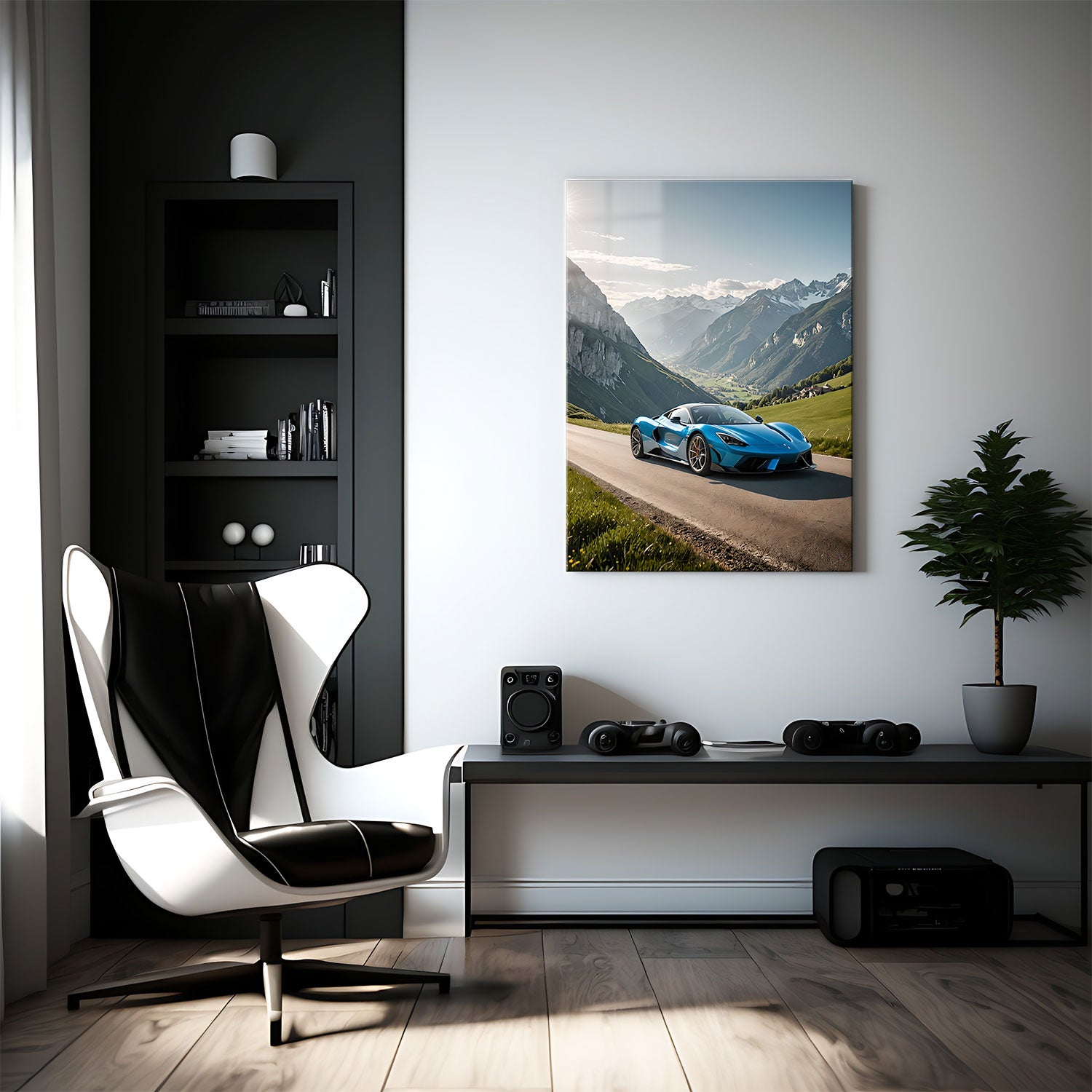 Blue supercar cruising through an alpine landscape with bright sunlight reflecting off its polished surface, mountains in the distance.