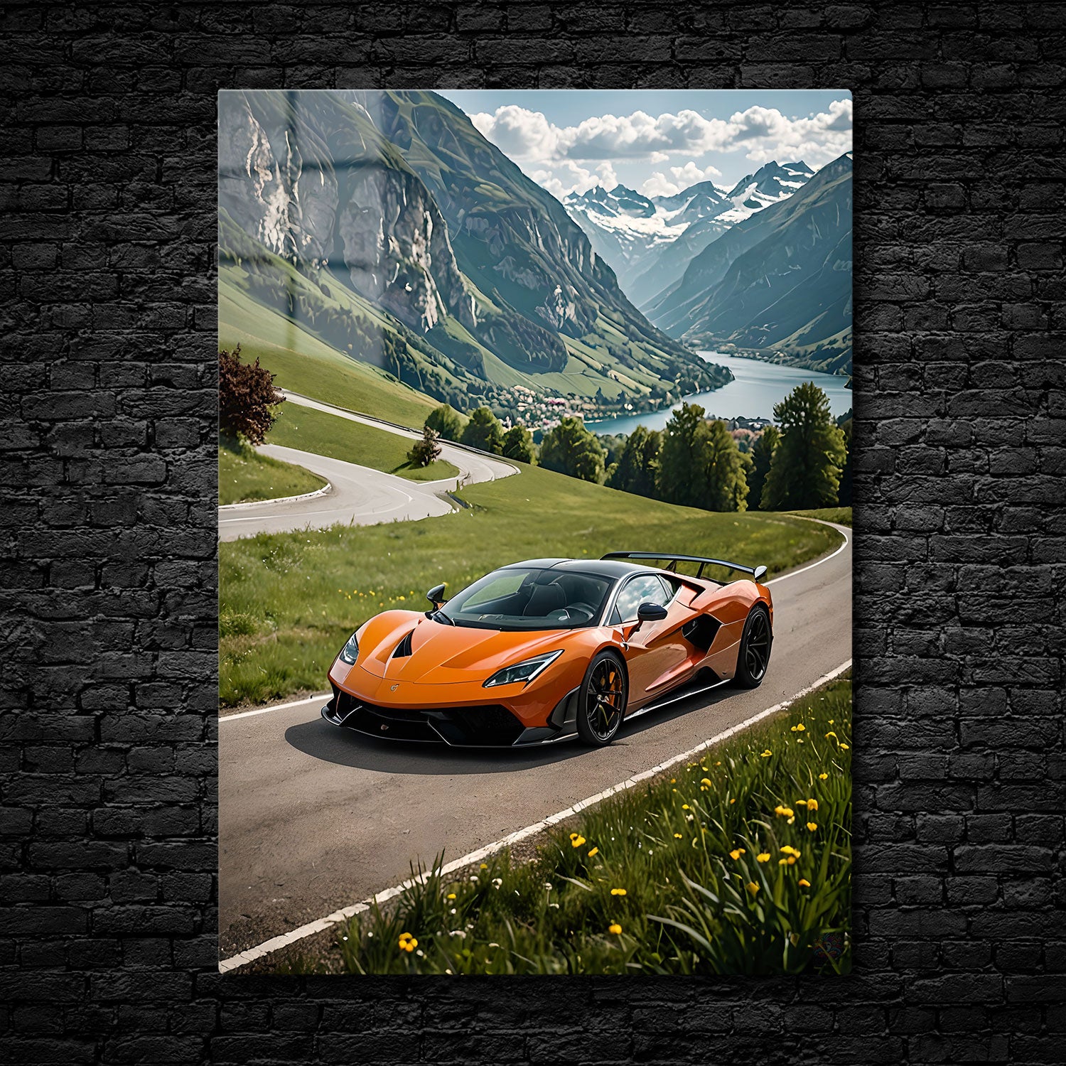 An orange supercar driving on a winding road with towering cliffs and a mountain lake in the background.