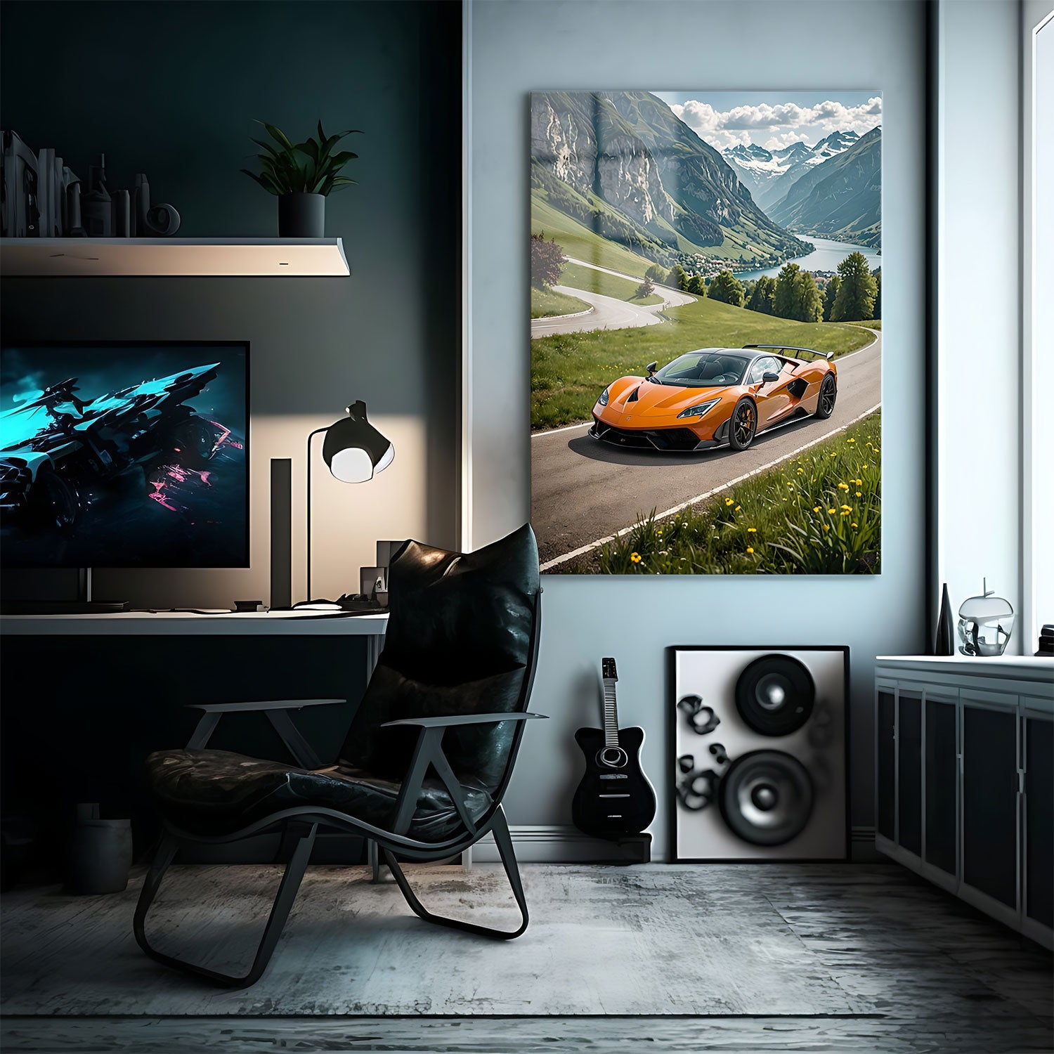 A vibrant orange supercar speeding through an alpine landscape, surrounded by green meadows, cliffs, and distant mountains.