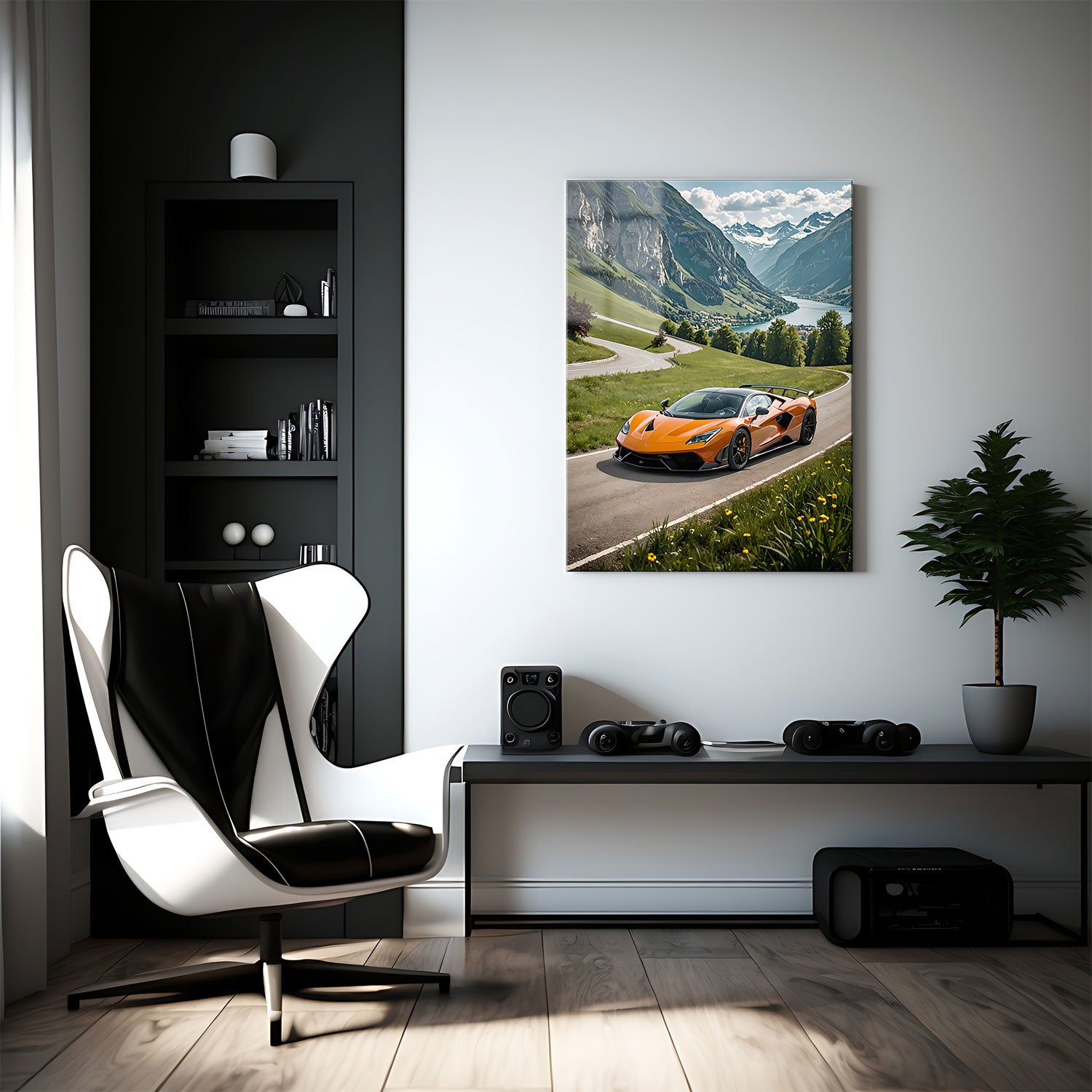 High-performance orange supercar on a curvy mountain road, with the Swiss Alps and a lake providing a stunning backdrop.