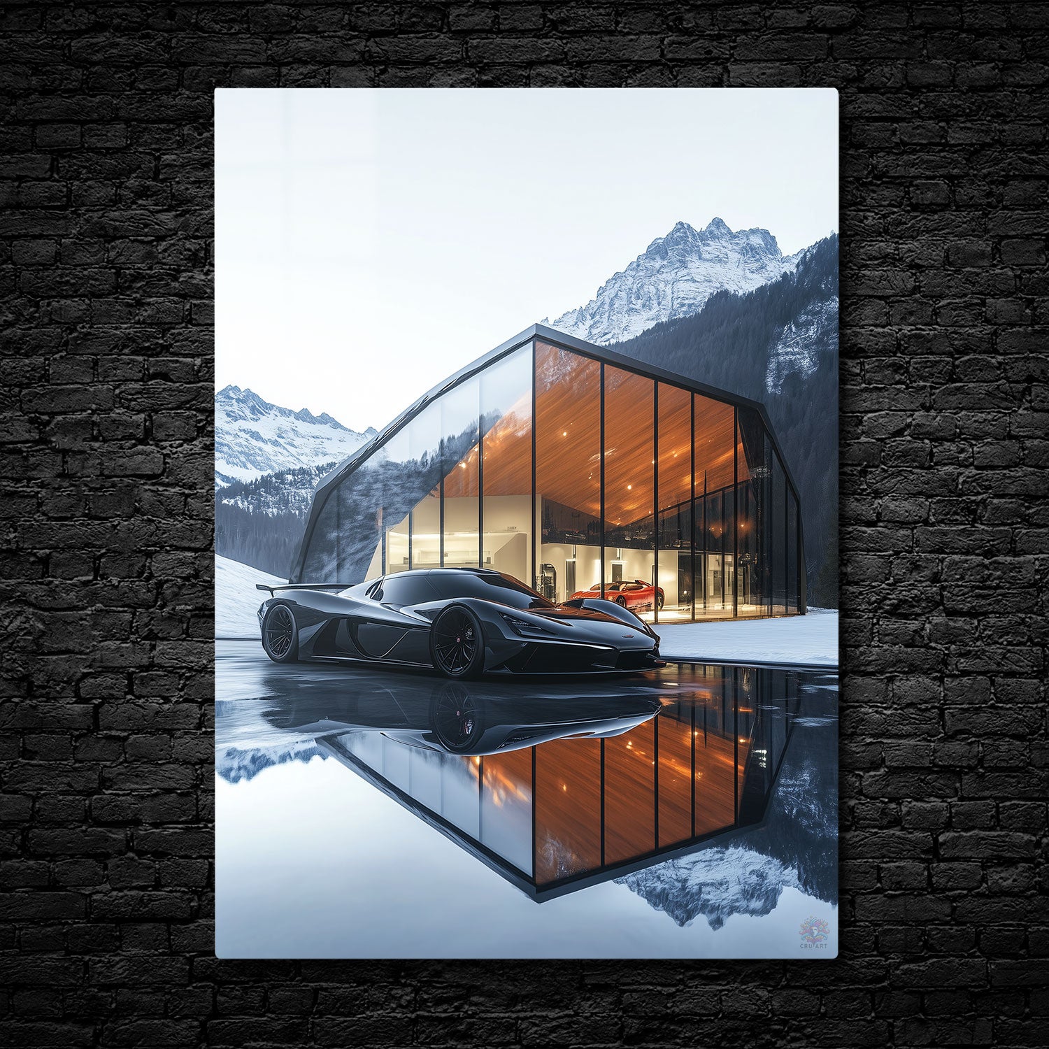  A black supercar parked in front of a glass building with snowy mountains in the background, reflected on a mirrored surface.