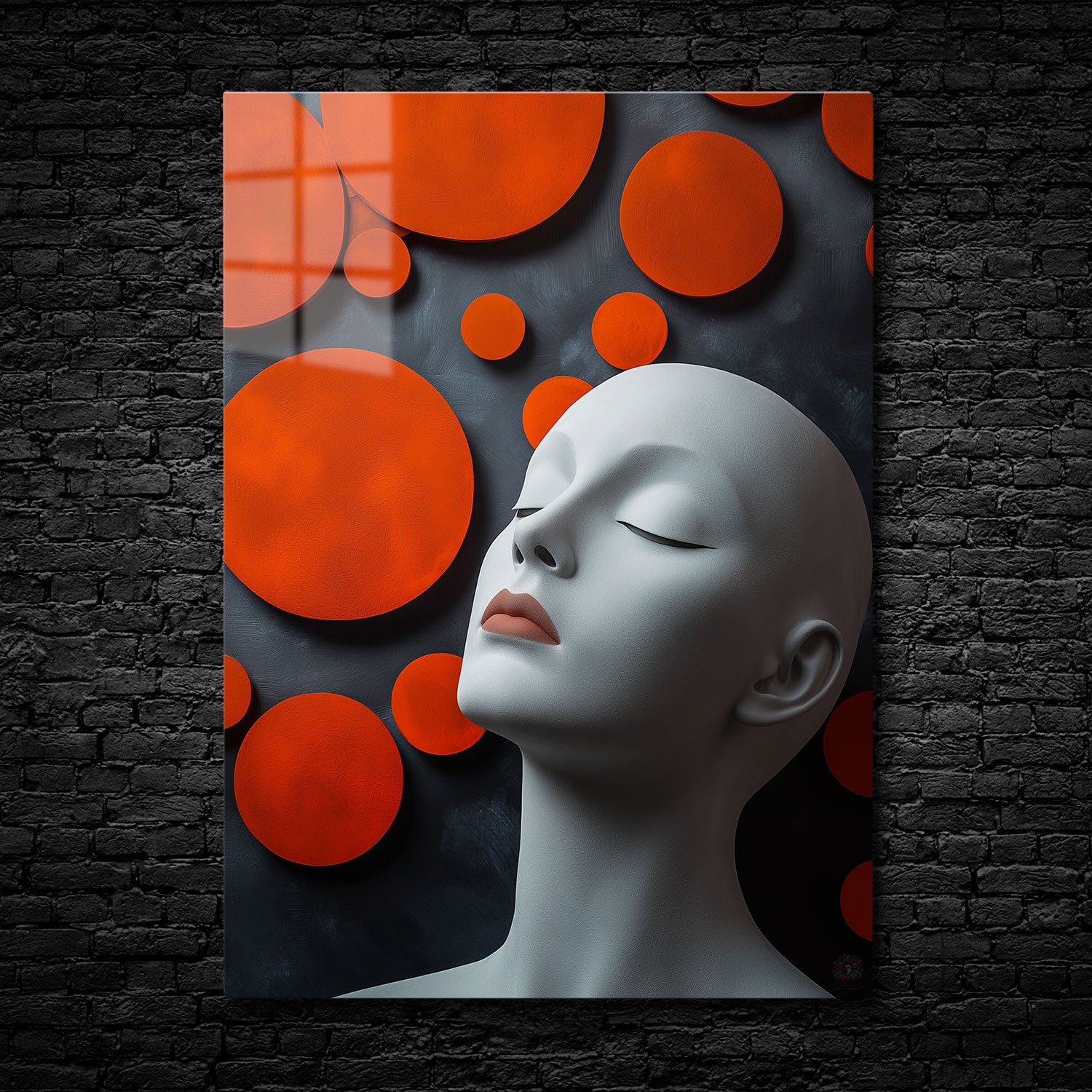 A pale mannequin head with closed eyes against a background of vibrant red circles on a dark surface. | CRUART