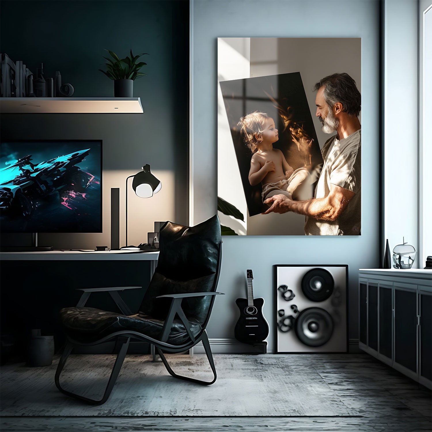 A stylish home office with a black and white chair and a custom metal print of a man holding a child, promoting CRUART’s 'Create Your Own' metal print service.