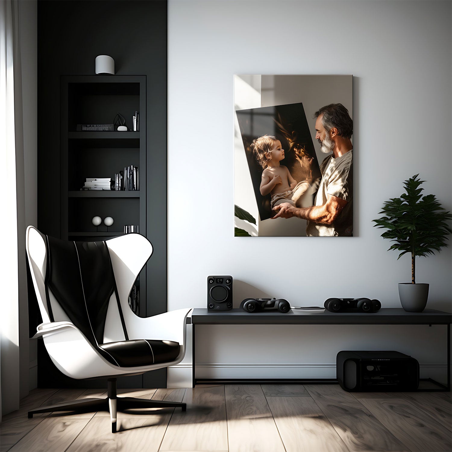 A custom metal print featuring a child displayed on a modern wall in a home office setup, emphasizing the 'Create Your Own' metal print option by CRUART.