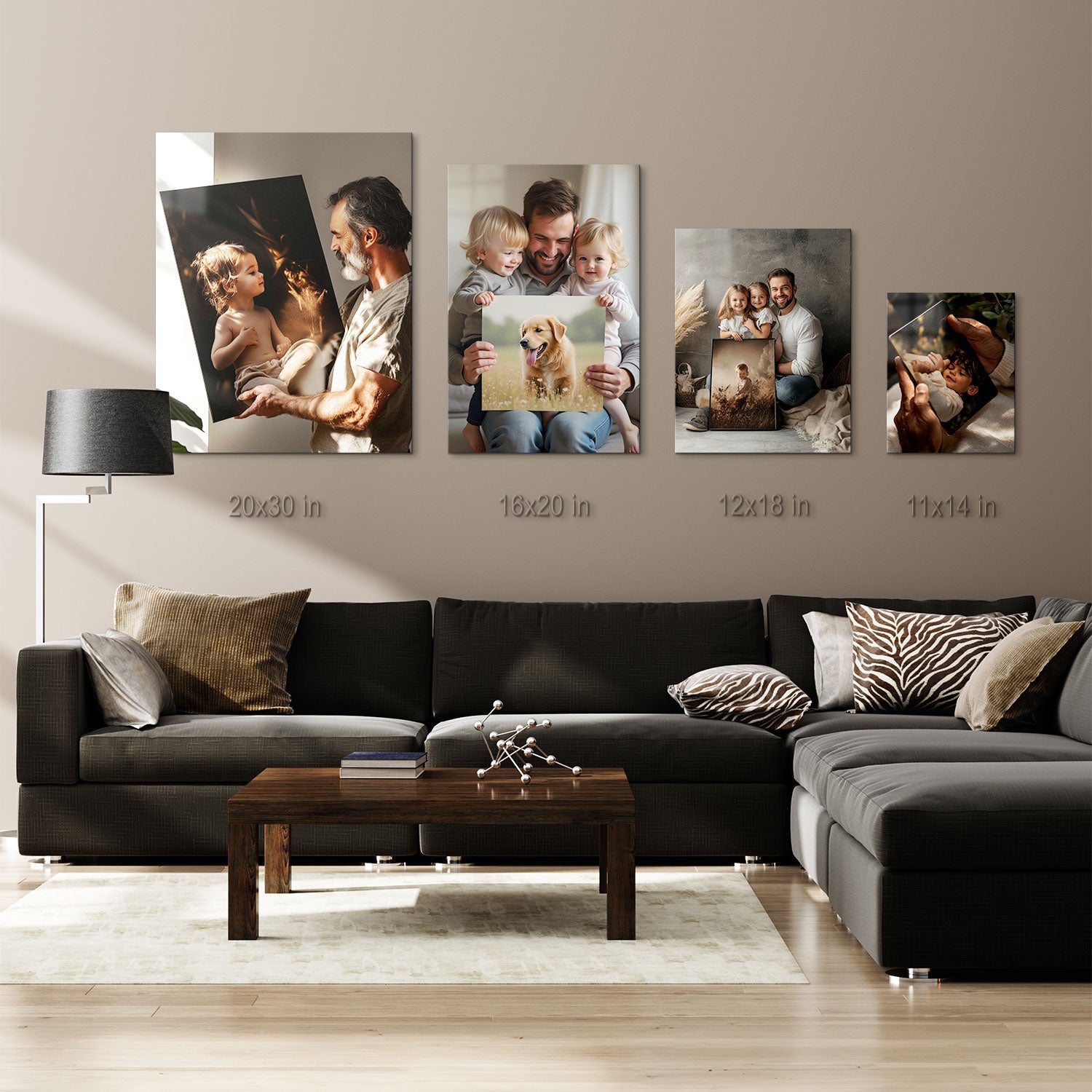 A living room wall displaying various sizes of personalized metal prints featuring family moments, promoting CRUART’s 'Create Your Own' collection.