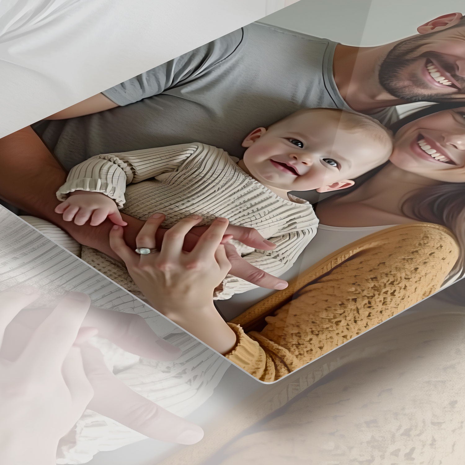 A close-up of a custom metal print featuring a family portrait, highlighting the glossy finish and detail of CRUART’s personalized metal prints.