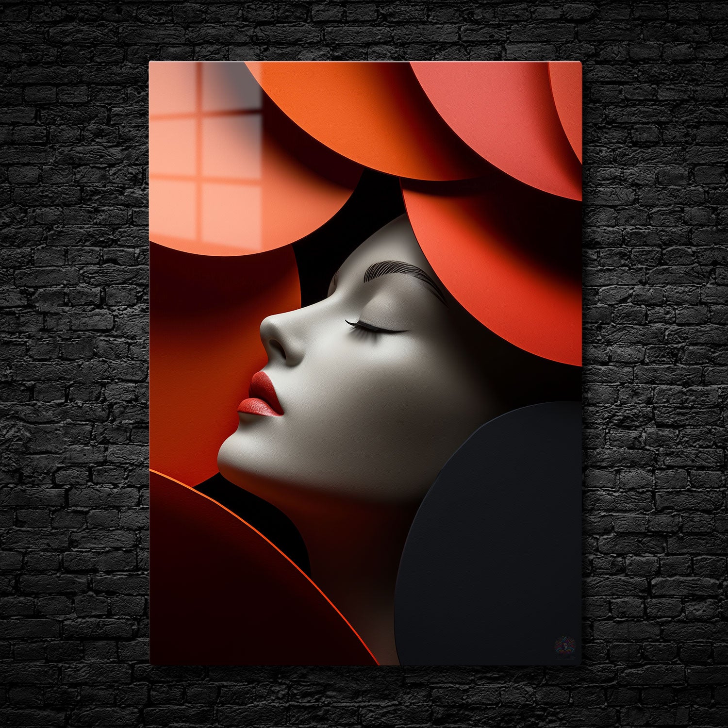 Elegant grayscale profile of a woman's face surrounded by bold red and orange circles, creating a modern and surreal art composition.