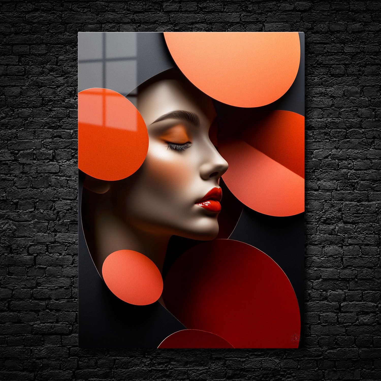 A surreal abstract portrait of a woman's face with vibrant red lips, surrounded by bold, orange circular shapes against a dark background. The composition uses geometric forms to create depth and elegance.