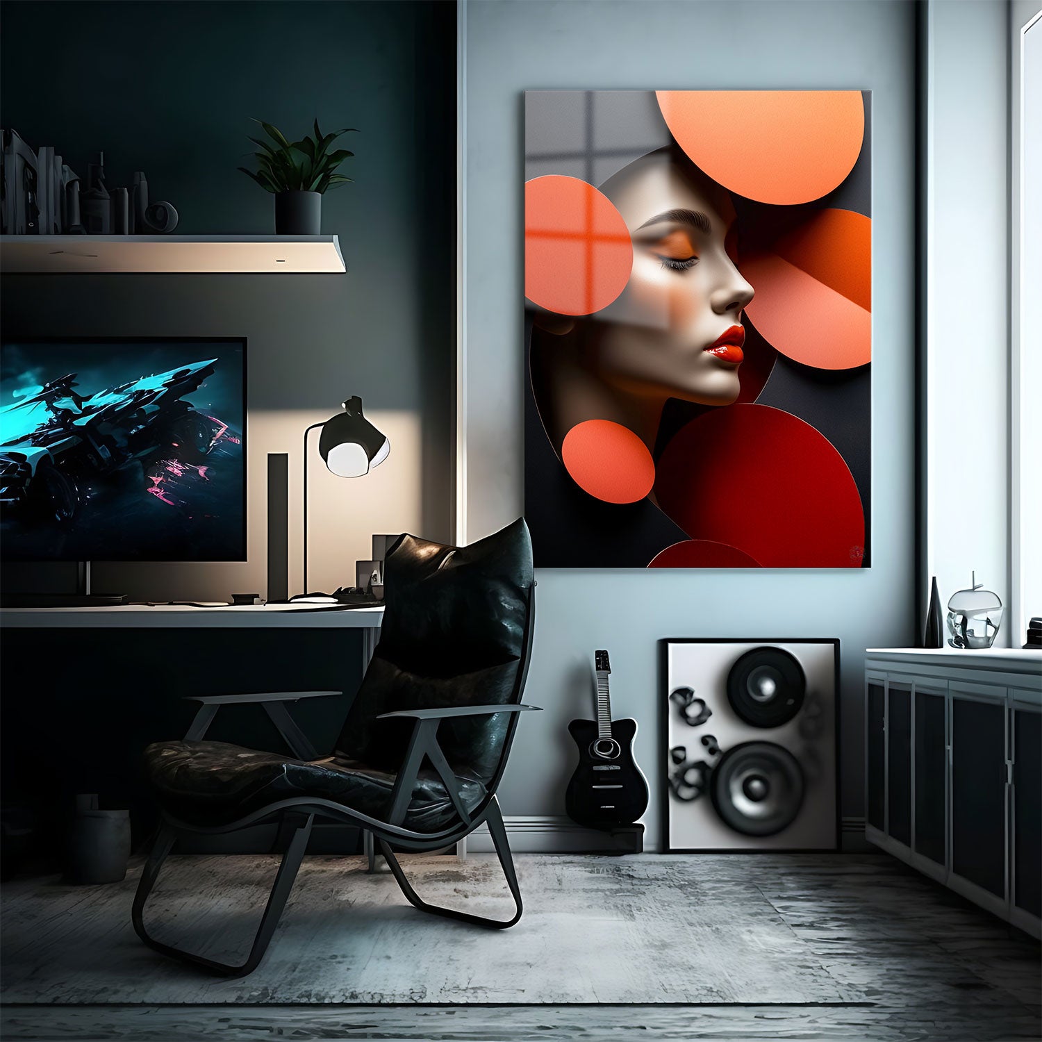 A surreal abstract portrait of a woman's face with vibrant red lips, surrounded by bold, orange circular shapes against a dark background. The composition uses geometric forms to create depth and elegance.