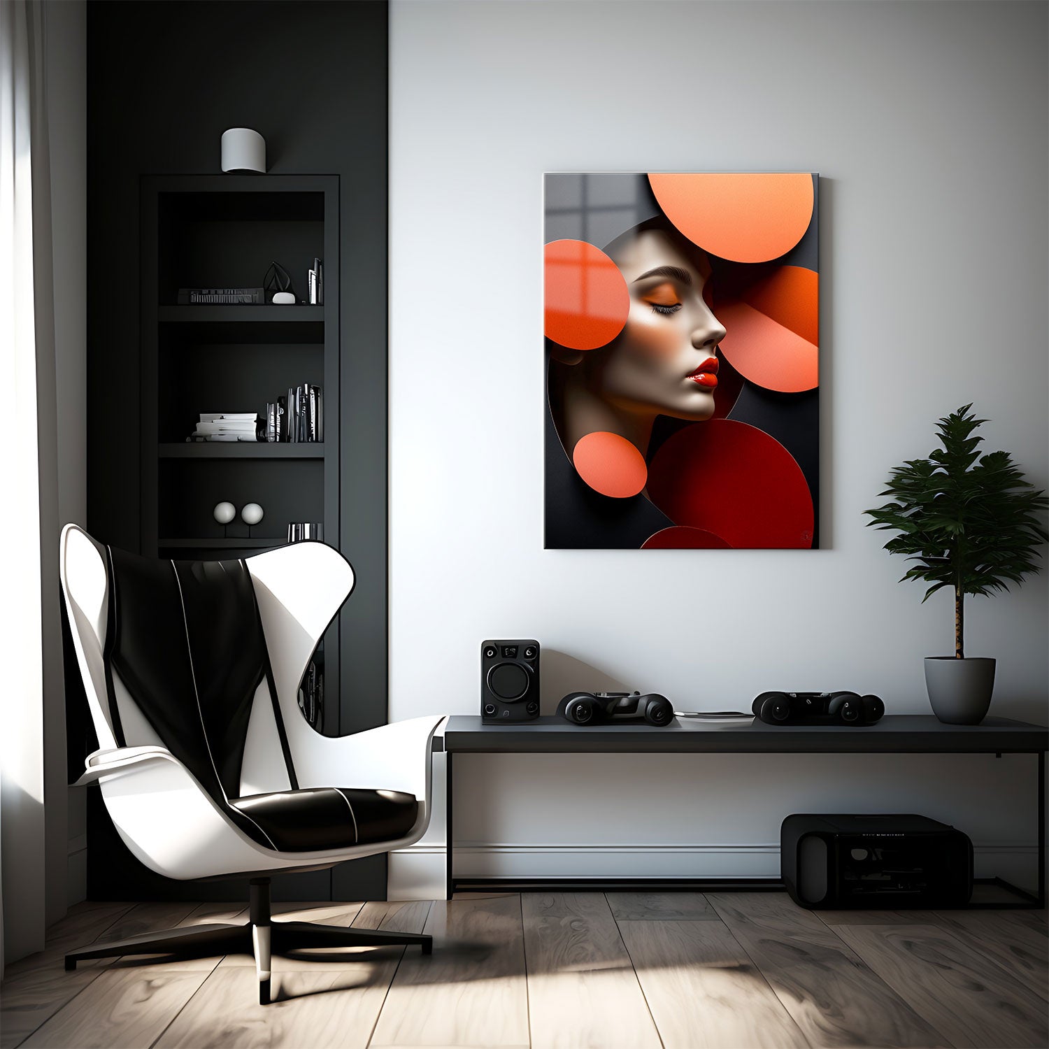 A surreal abstract portrait of a woman's face with vibrant red lips, surrounded by bold, orange circular shapes against a dark background. The composition uses geometric forms to create depth and elegance.