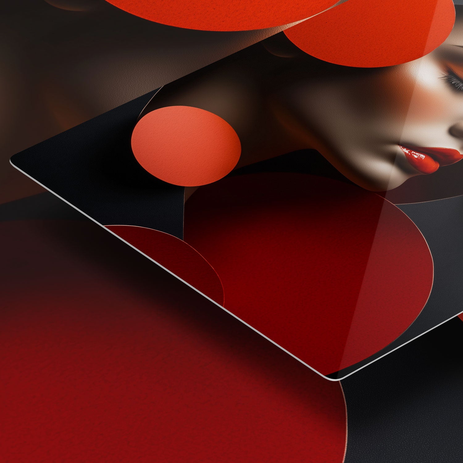 A surreal abstract portrait of a woman's face with vibrant red lips, surrounded by bold, orange circular shapes against a dark background. The composition uses geometric forms to create depth and elegance.