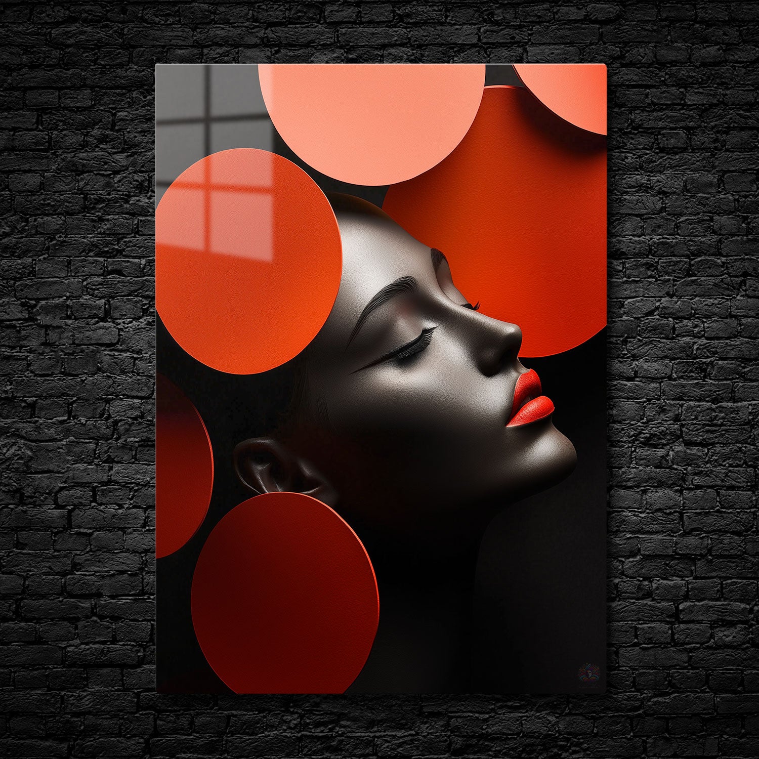 Profile of a grayscale face with closed eyes, surrounded by vibrant red and orange geometric circles, creating a modern and surreal art piece.