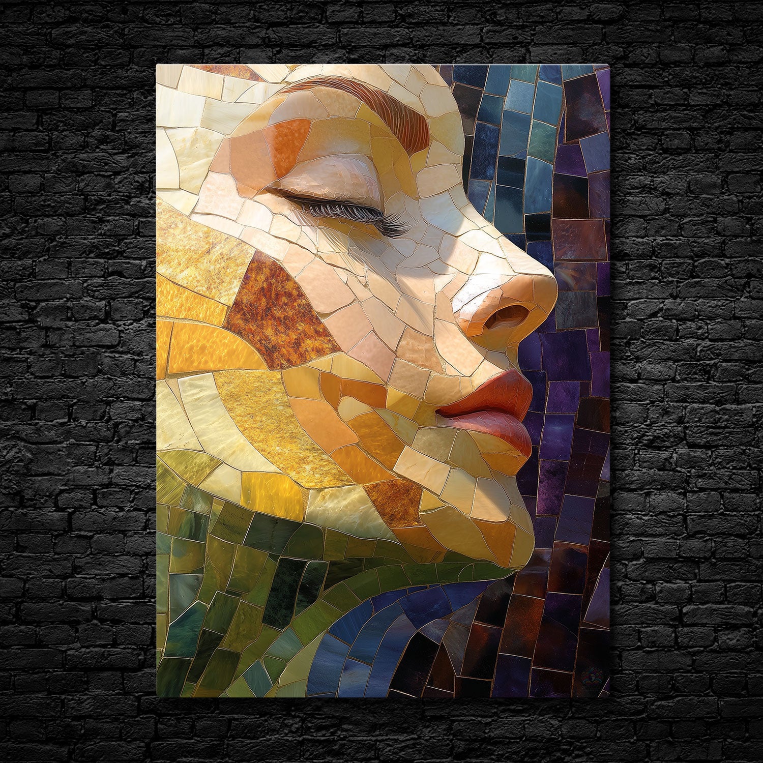 Artistic mosaic of a serene female face in warm earthy tones, yellow, and purple, resembling stained glass with intricate patterns and textures.