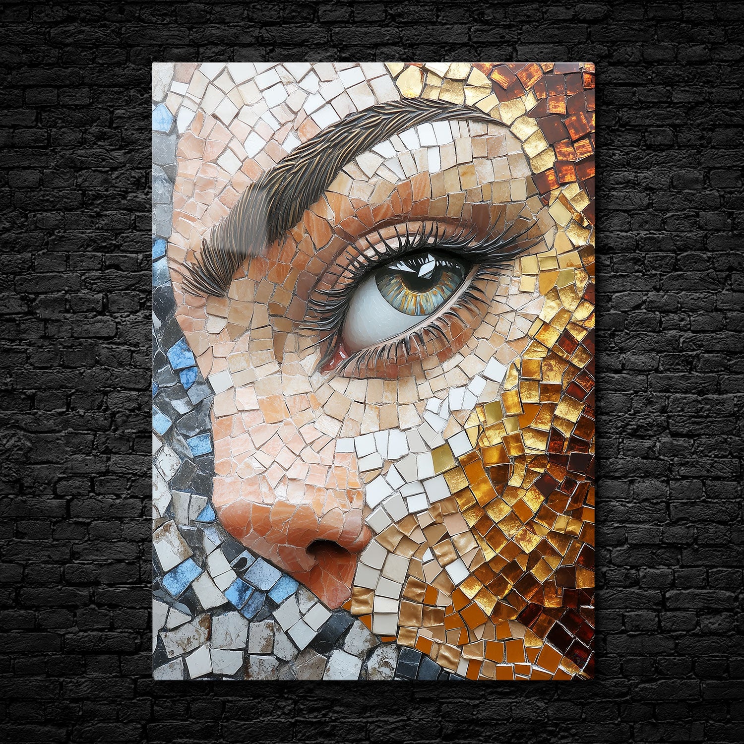 Close-up mosaic art of a woman's eye with warm brown, gold, and blue tiles, creating a detailed and expressive portrait with rich textures and vibrant colors.