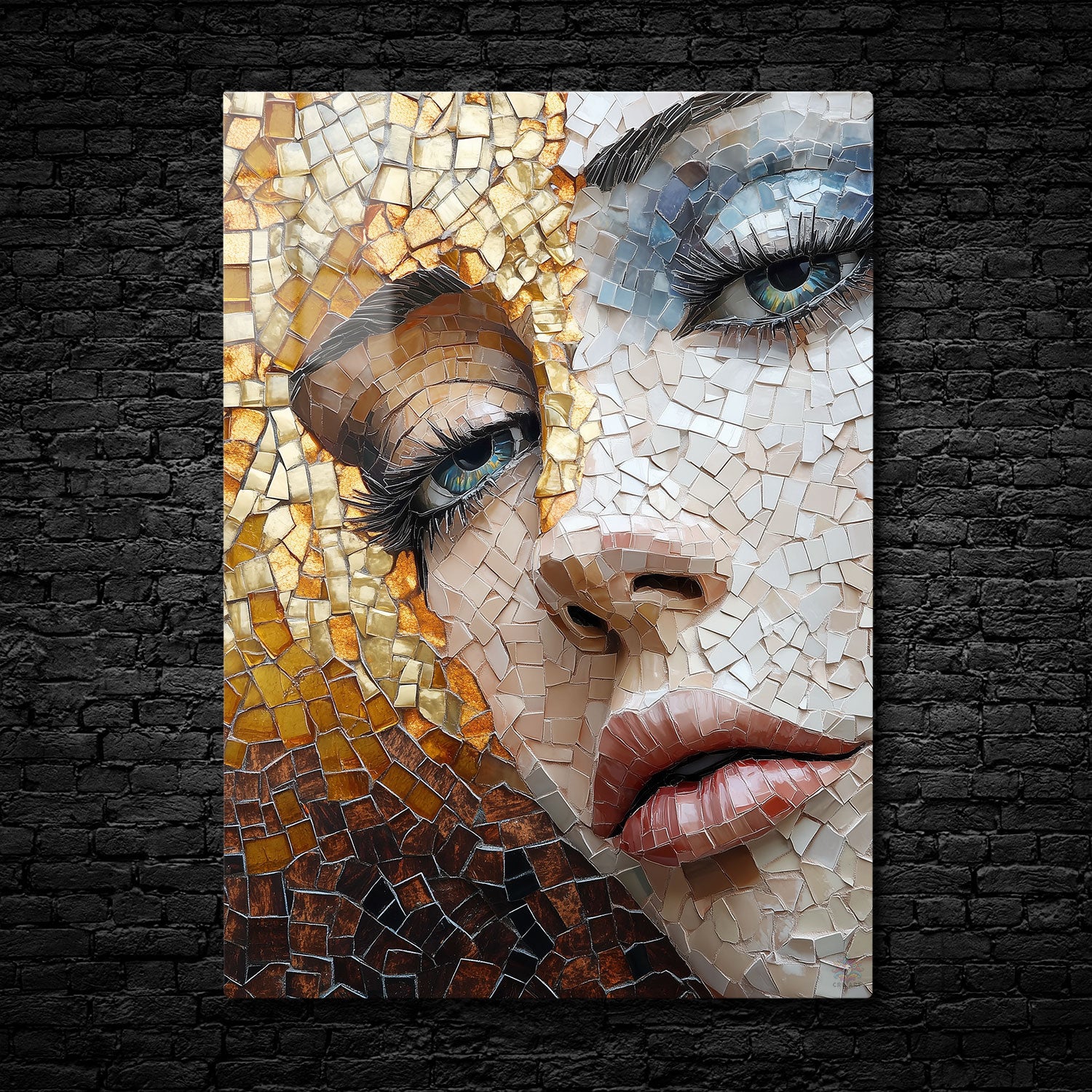 Detailed mosaic art of a woman's face, featuring warm gold, bronze, and cool blue tiles, creating a textured and vibrant portrait with expressive eyes and delicate features.