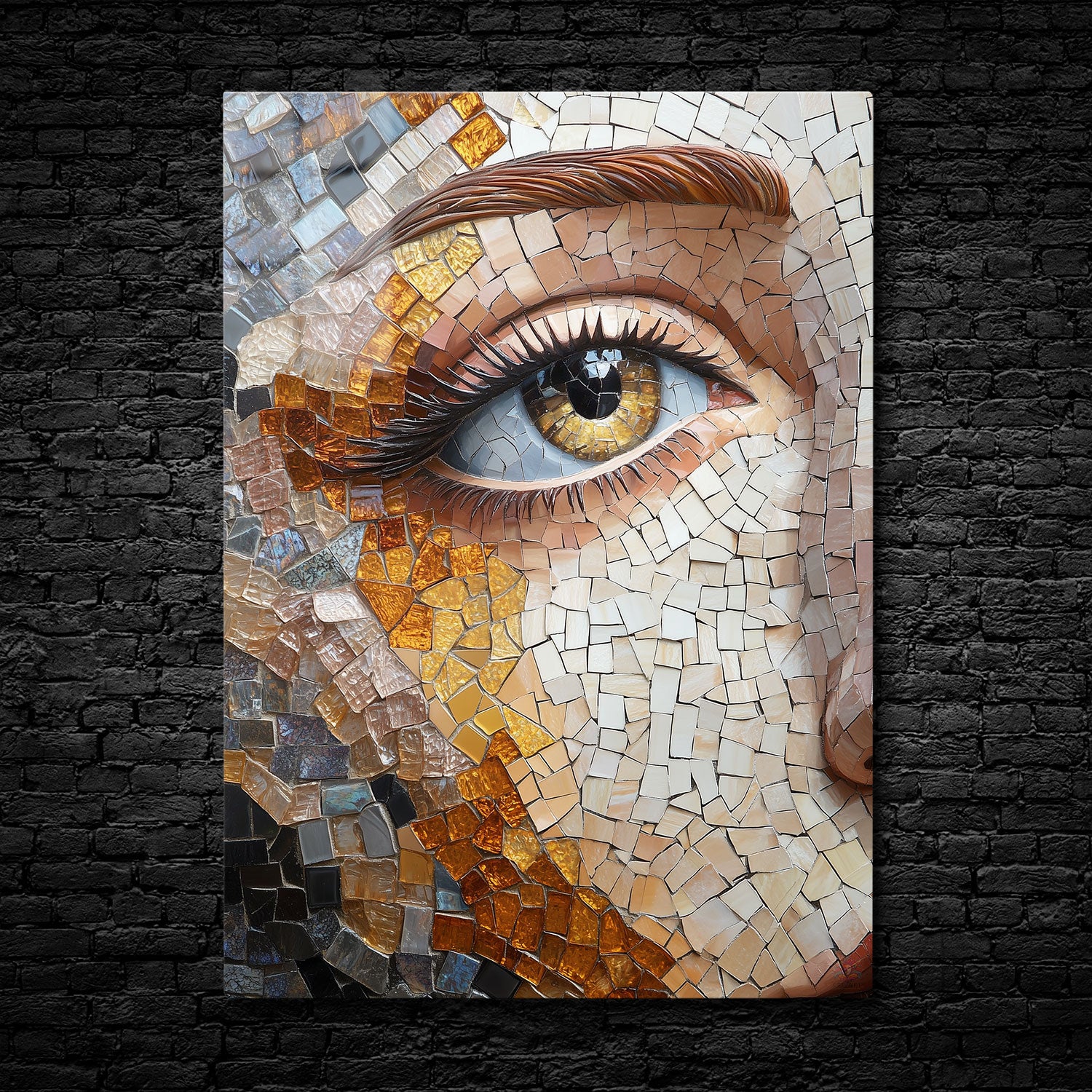 Close-up mosaic art of a woman's eye, featuring warm golden and amber tones mixed with cool blue and grey tiles, creating a textured, lifelike appearance.