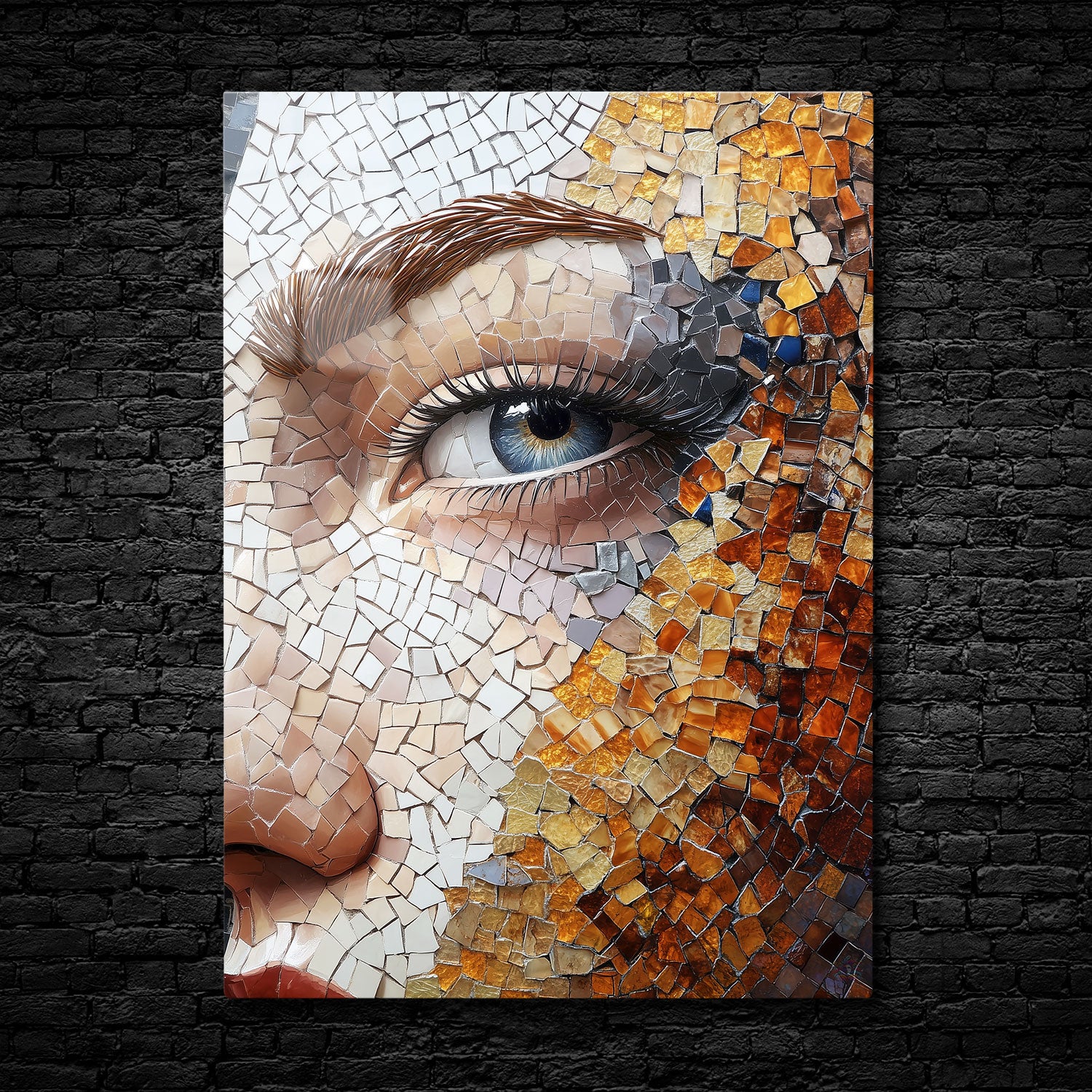 Close-up mosaic artwork of a woman's face, featuring a blue eye surrounded by warm golden, brown, and neutral-colored tiles, creating a detailed and textured visual effect.